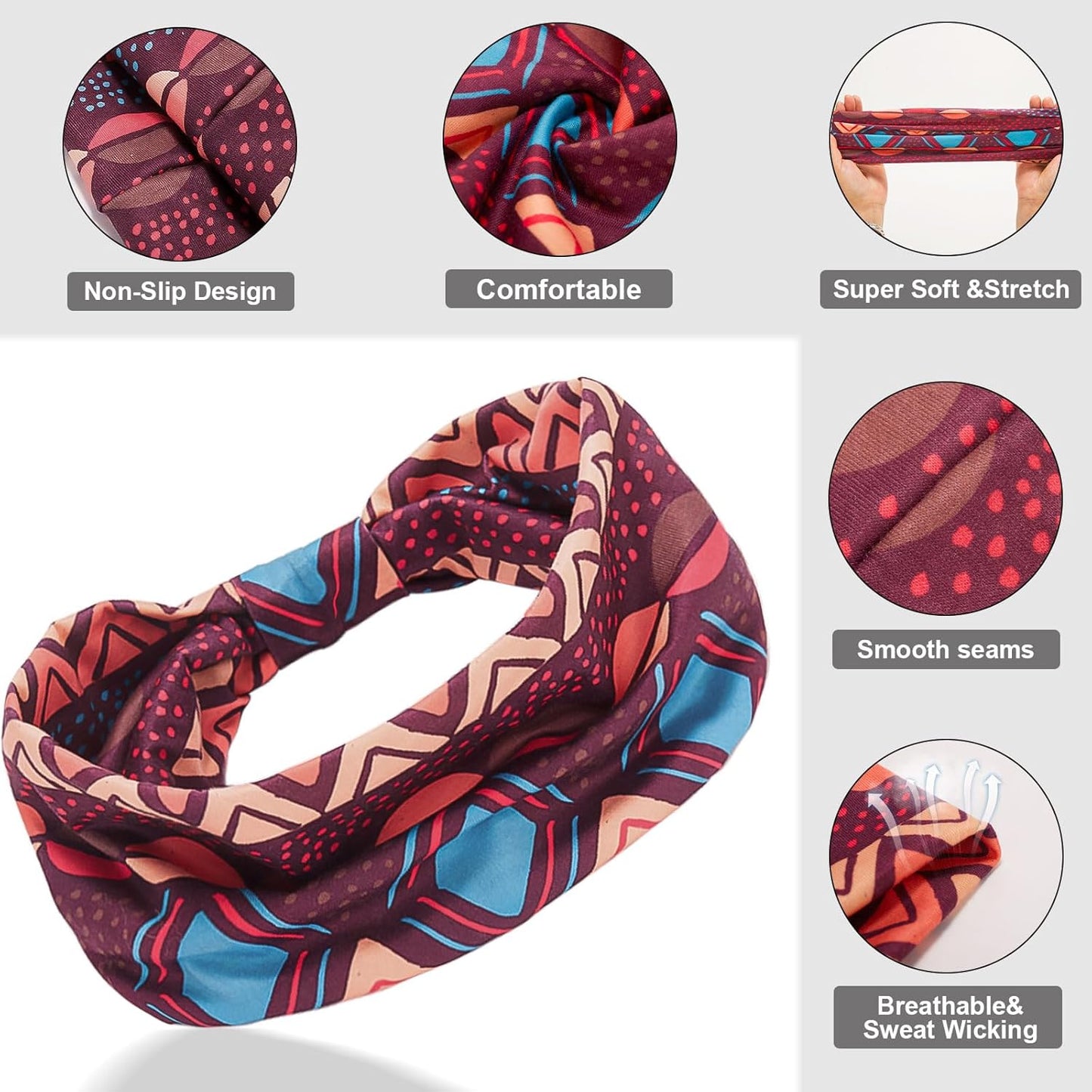 Cobahom 6Pcs Wide Headbands for Women Non Slip Soft Fabric Hair Wrap Boho Head Bands Elastic Sport Hair Bands for Workout Yoga Running (Geometric Elements)