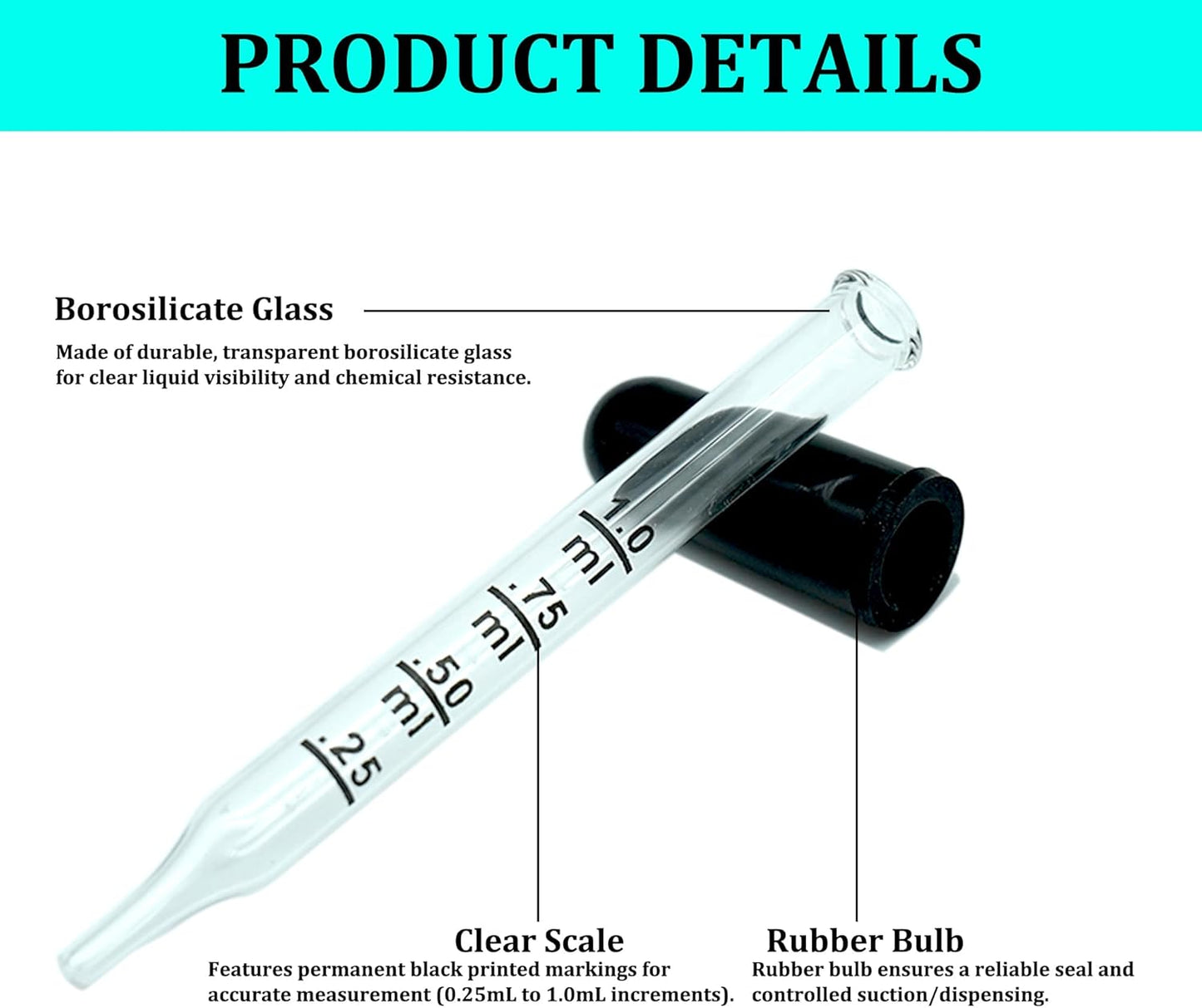 AOMI Glass Eye Dropper for Oils, 10pcs 1ml Glass Dropping Pipettes for Essential Oil, Lab, Medicine, Crafts or Transferring Other Liquid with Rubber Head, Straight Tube with Measurement