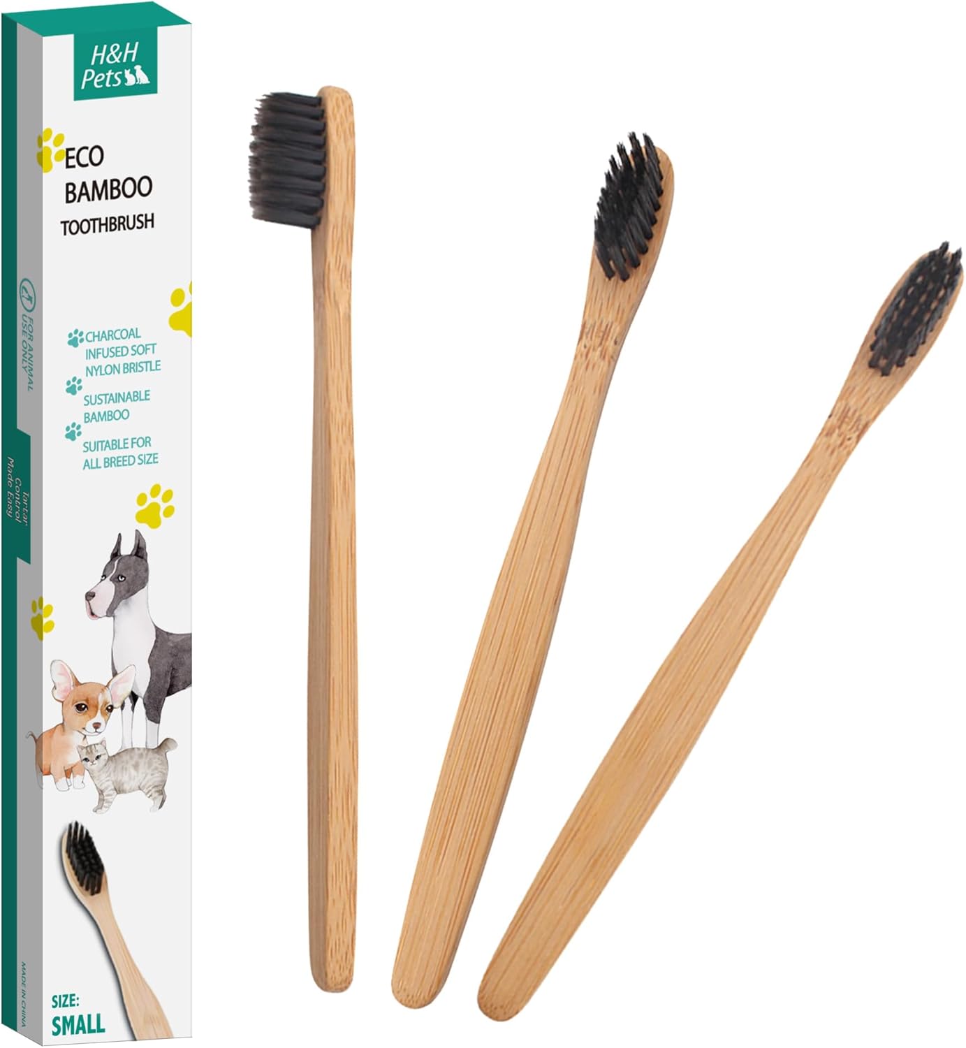 H&H Pets Bamboo Toothbrush Set for Dogs and Cats - Soft Bristles & Biodegradable Wooden Toothbrush, Puppy Supplies, Dog Brush Set, Pet Supplies Dog Grooming Kit Eco-Friendly (Size Small, 3-Count Pack)