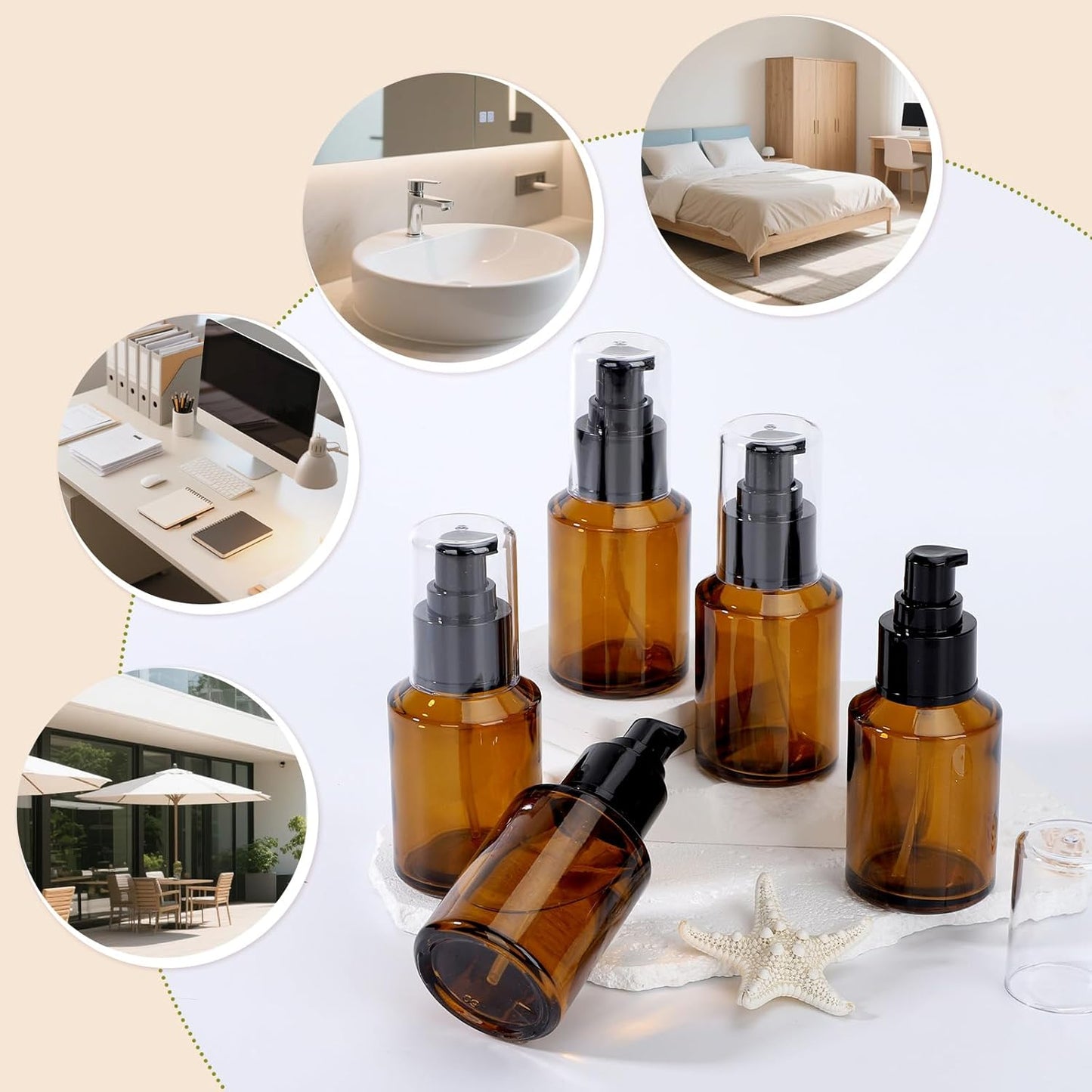 Segbeauty 2oz Refillable Glass Travel Size Empty Bottles, 5pcs Amber Lotion Pump Bottles Empty, 60ml Mini Travel Lotion Container, Small Cosmetic Container Bottle Pump Dispener for Creams Oils Liquids