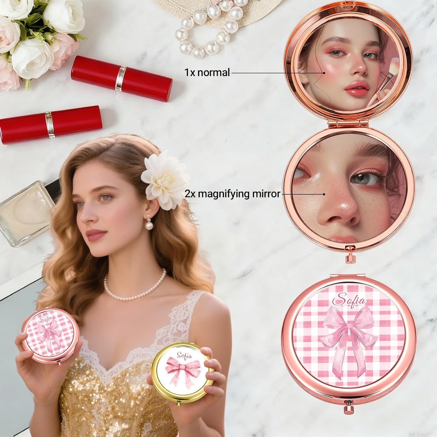Custom Compact Mirror with Name - Personalized Flip Makeup Travel Pocket Mirror Gift for Women Bridesmaids Wedding Birthday (Bownot)