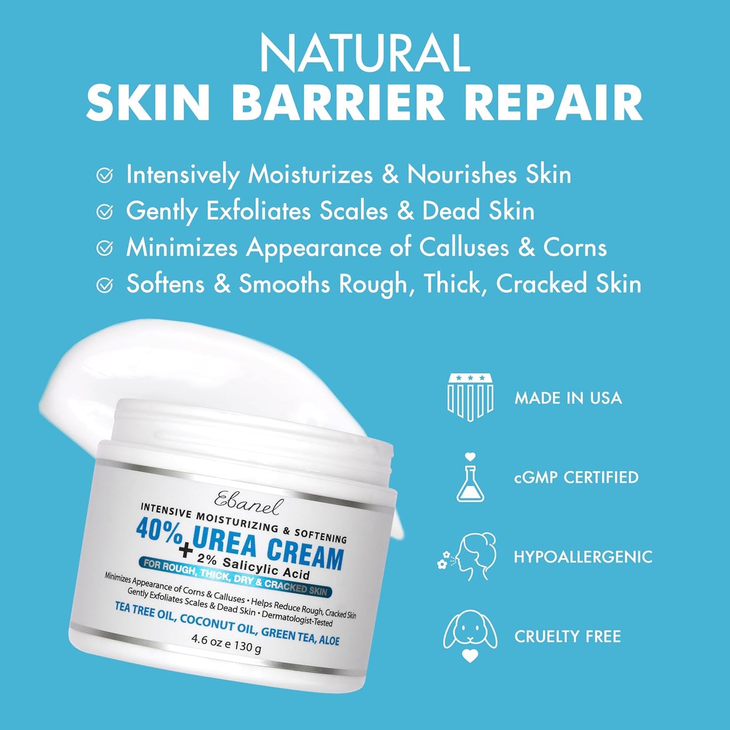 Ebanel Urea Cream 40% plus Salicylic Acid 2%, Foot Cream for Dry Cracked Heels Feet Knees Elbows Hands, Foot Dead Skin Cuticle Callus Remover Toenail Softener, Keratolytic Skin Barrier Repair, 6-Pack