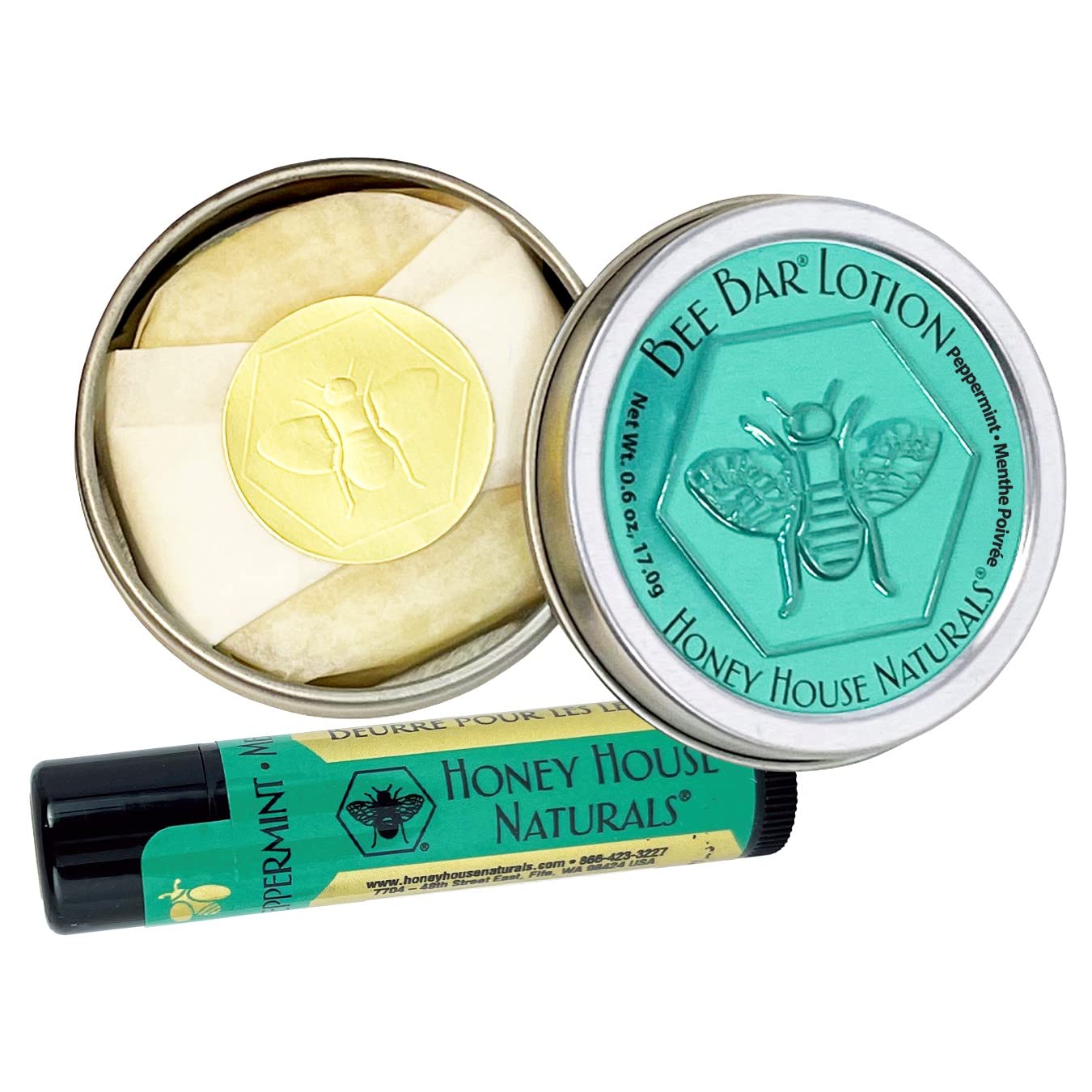 Honey House Naturals 2 Piece Gift Set, All Natural, Ultra Moisturizing Lotion Bar and Lip Butter Infused with Essential Oils, Made in USA (Lip Balm & Bee Bar, Peppermint)