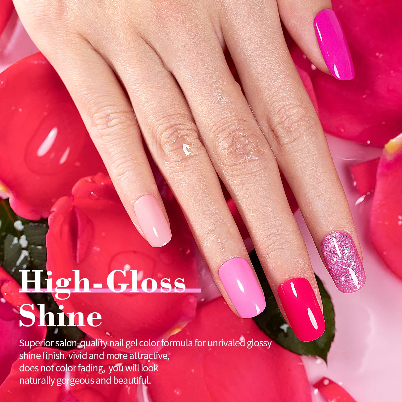 RARJSM Pink Gel Nail Polish Set 6 Pcs Pale Light Pink Neon Hot Pink Rose Glitter Fuchsia Sweet Cherry Colors Gel Polish Soak off 7.5ml UV LED Cured for Summer Home Salon Spring Nails