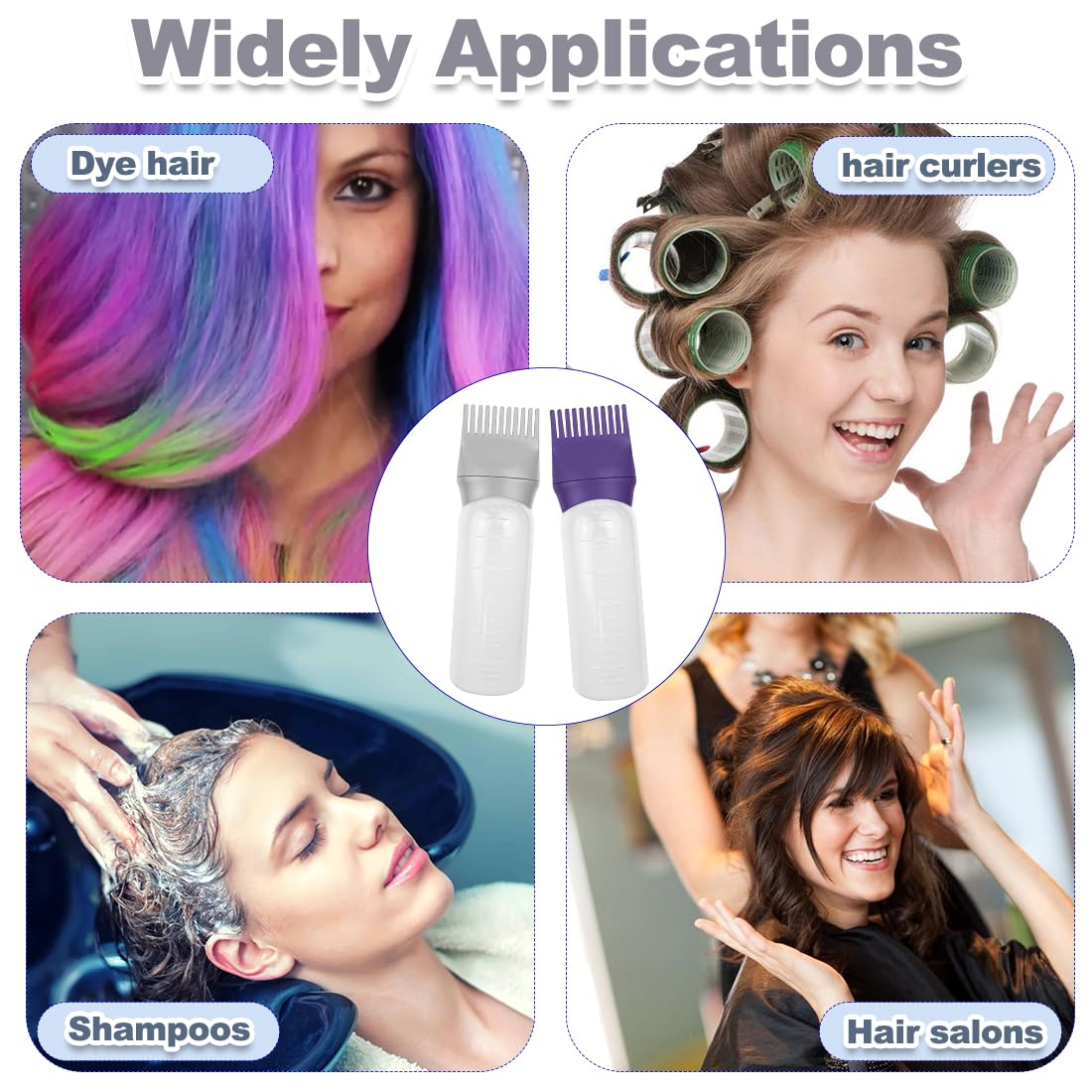 ELANE 4 Pcs Root Comb Applicator Bottle, 6oz, Hair Oil Applicator Bottle for Hair, Dye, Shampoos, Salons, Camping, Traveling (Purple+Grey)