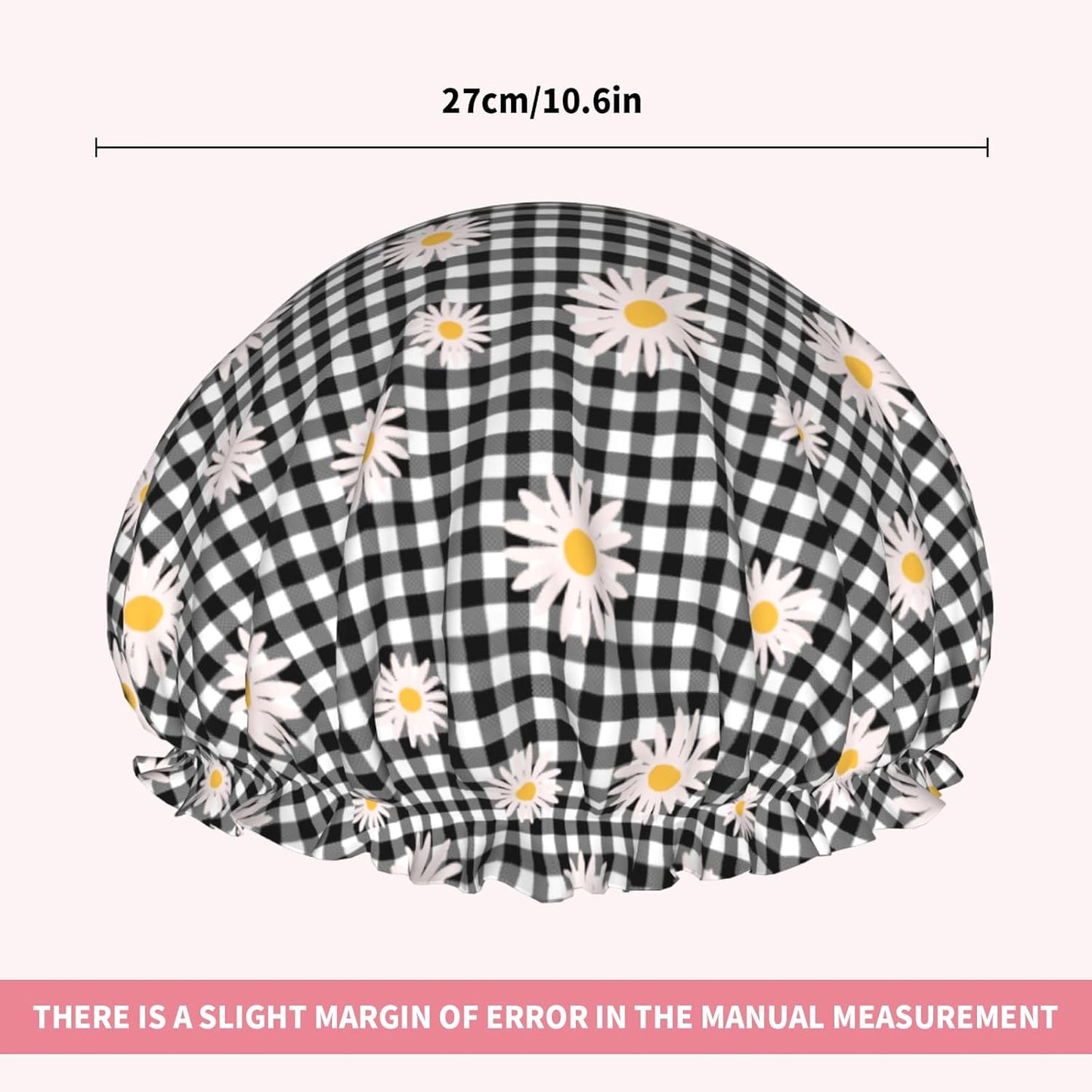 Daisy Shower Caps Black Checkered Dual-Layer Waterproof Bath Hat Flower Reusable Hair Caps Elastic Hair Hat for Shower Cooking Clean Makeup Travel