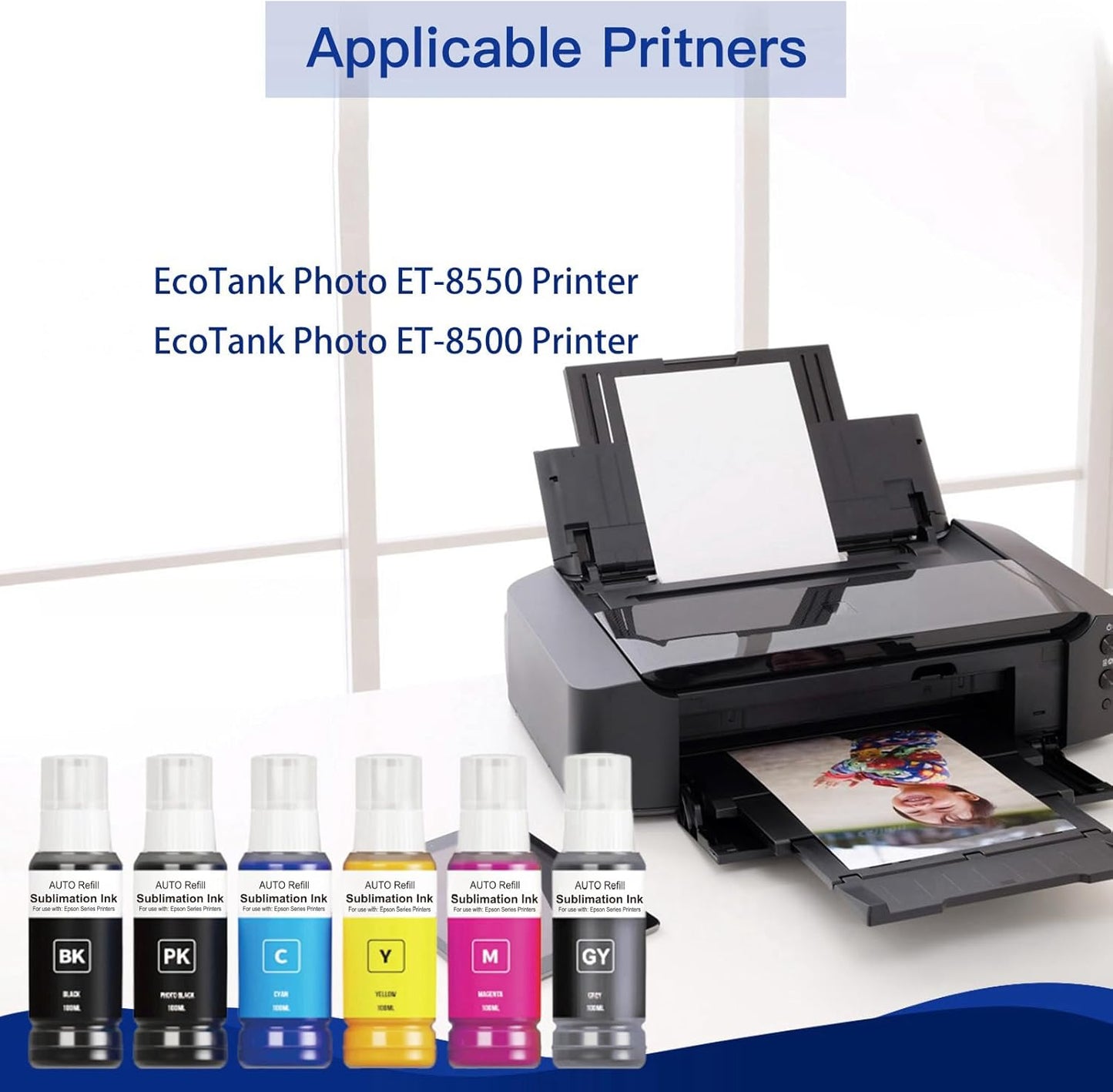Sublimation Ink Refill Bottle Use for EcoTank Photo ET-8550, EcoTank Photo ET-8500（BK PBK C M Y GY, 600ml）