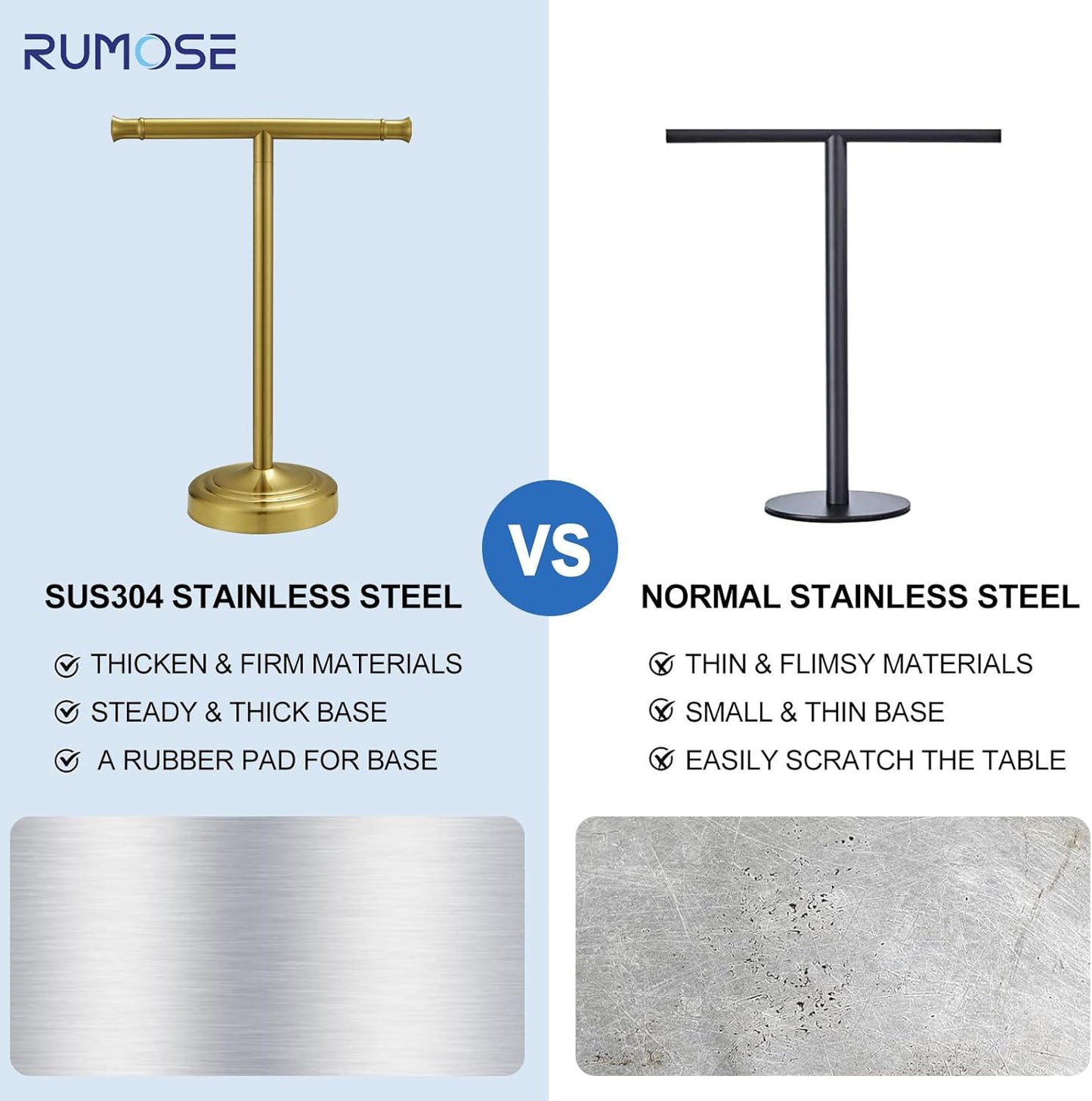 RUMOSE 13 Inch Brushed Gold Towel Stand Hand Towel Holder Bathroom Kitchen Vanity Countertop T-Shape Towel Rack Free Standing Stainless Steel Towel Bar Towel Ring