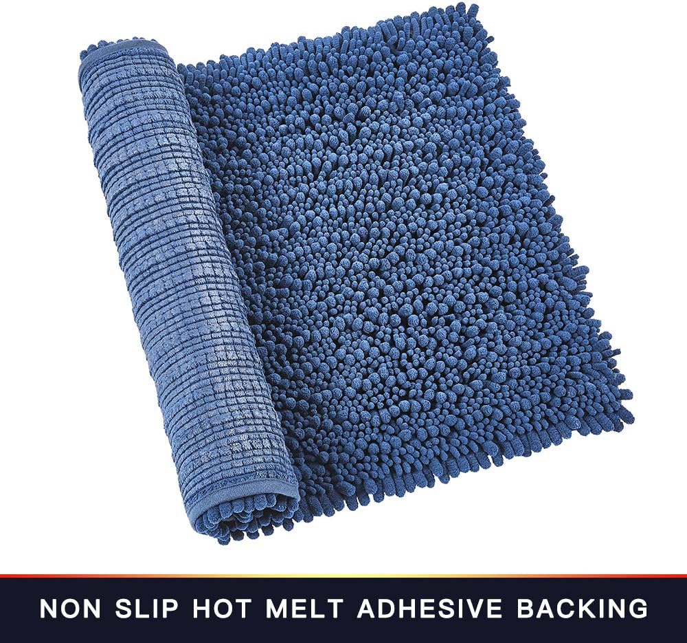 Walensee Bathroom Rug Non Slip Bath Mat (24x17 Inch Dark Blue) Water Absorbent Super Soft Shaggy Chenille Machine Washable Dry Extra Thick Perfect Absorbant Best Small Plush Carpet for Shower Floor