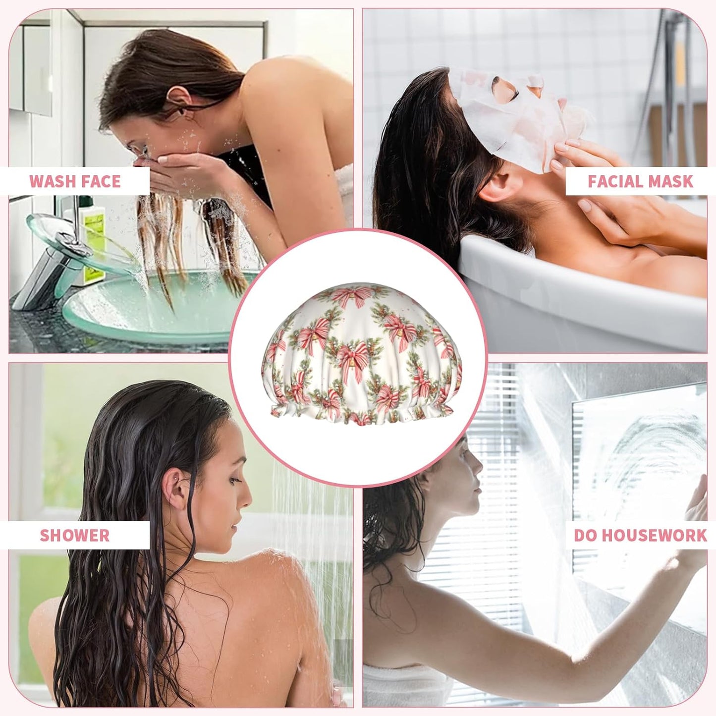 Xmas Shower Caps for Women Reusable Red Striped Bowknot Holly Berry Double Waterproof Layers Bath Hair Hat with Elastic Band Protects Hair in Shower Cooking Clean Makeup