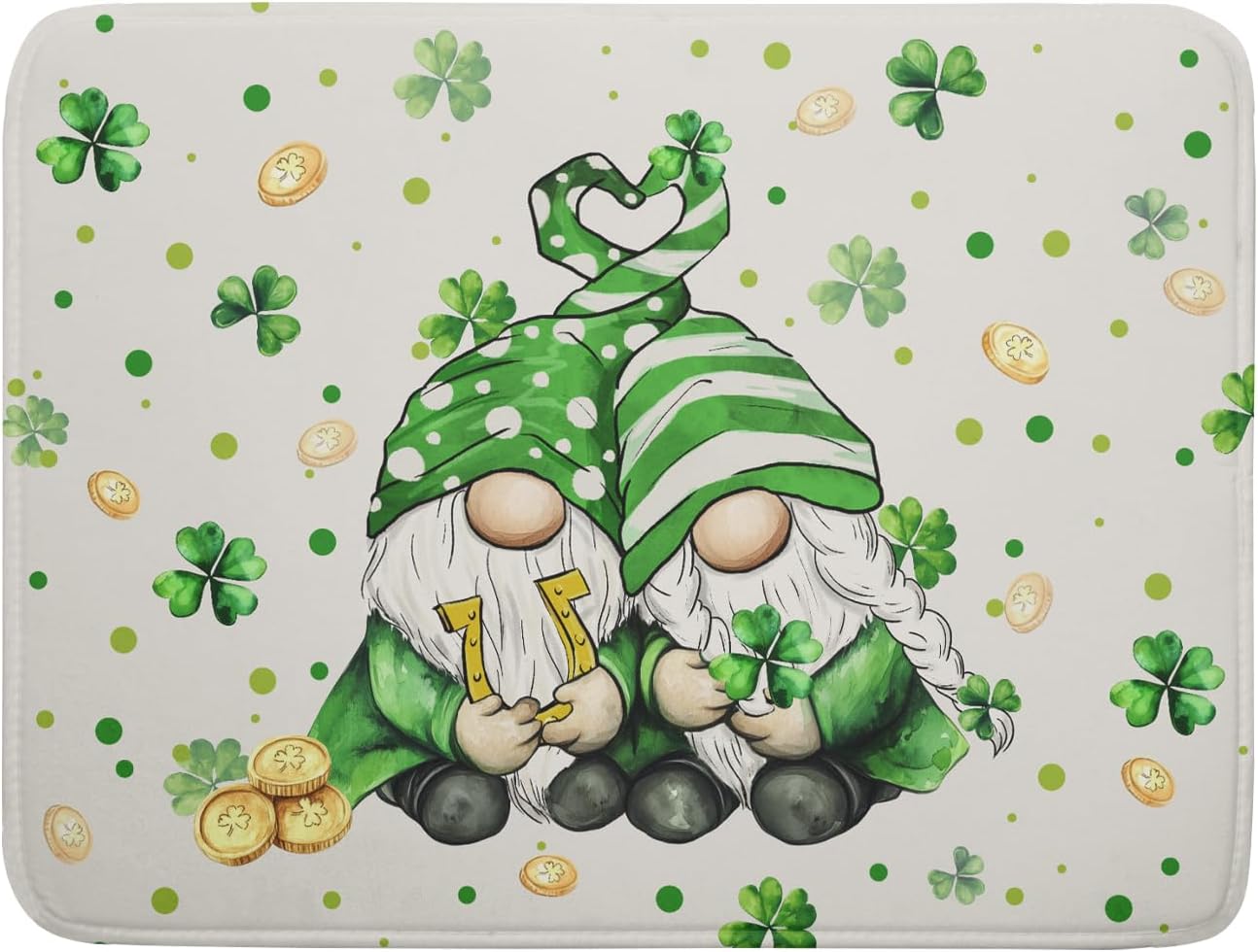 St Patrick's Day Gnome Dish Drying Mat 18x24 inch Lucky Shamrock Absorbent Reversible Dishes Drainer Rack Mat for Coffee Bar Kitchen Decor