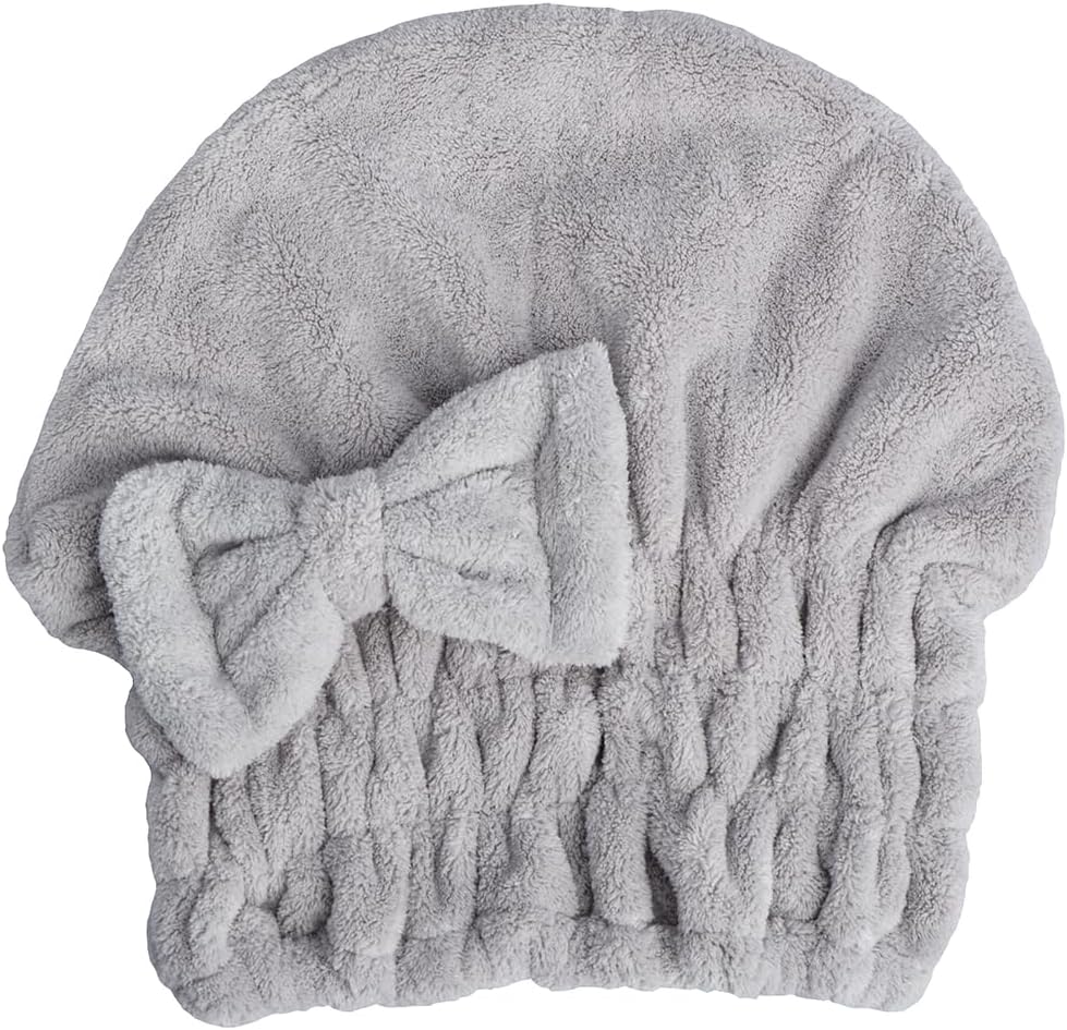 HOPESHINE Microfiber Hair Towel Cap for Women Wet Short or Long Curly Hair Super Absorbent Quick Dry Turbans Anti Frizz Great Gift for Women and Girls (Black+Grey, 2)