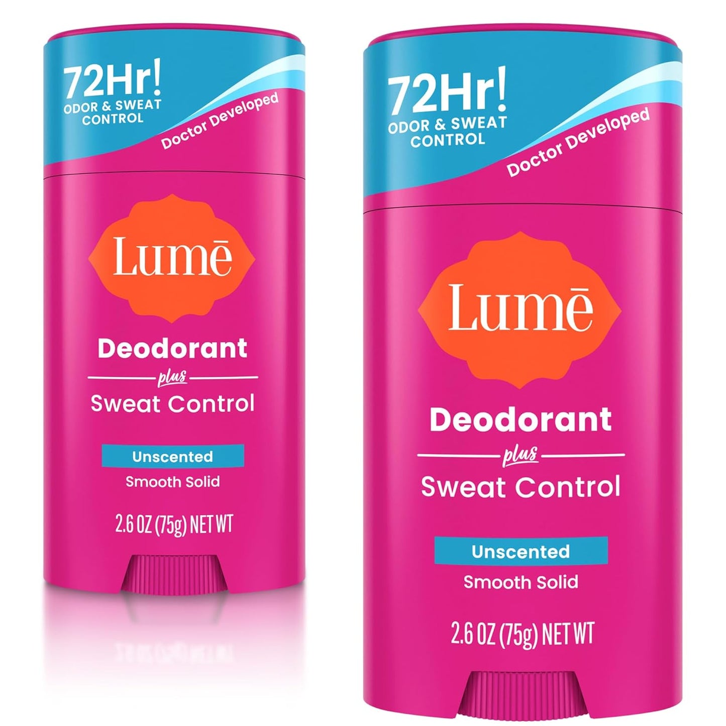 Lume Deodorant Plus Sweat Control - Smooth Solid Stick - Extra Strength Antiperspirant - 72 Hour Odor And Sweat Control - Baking Soda Free, Skin Loving - 2.6 ounce (Unscented) Pack of 2