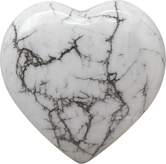 Howlite Crystal Heart Palm Stone - Pocket Massage Worry Stone for Natural Body Chakra Balancing, Reiki Healing and Crystal Grid