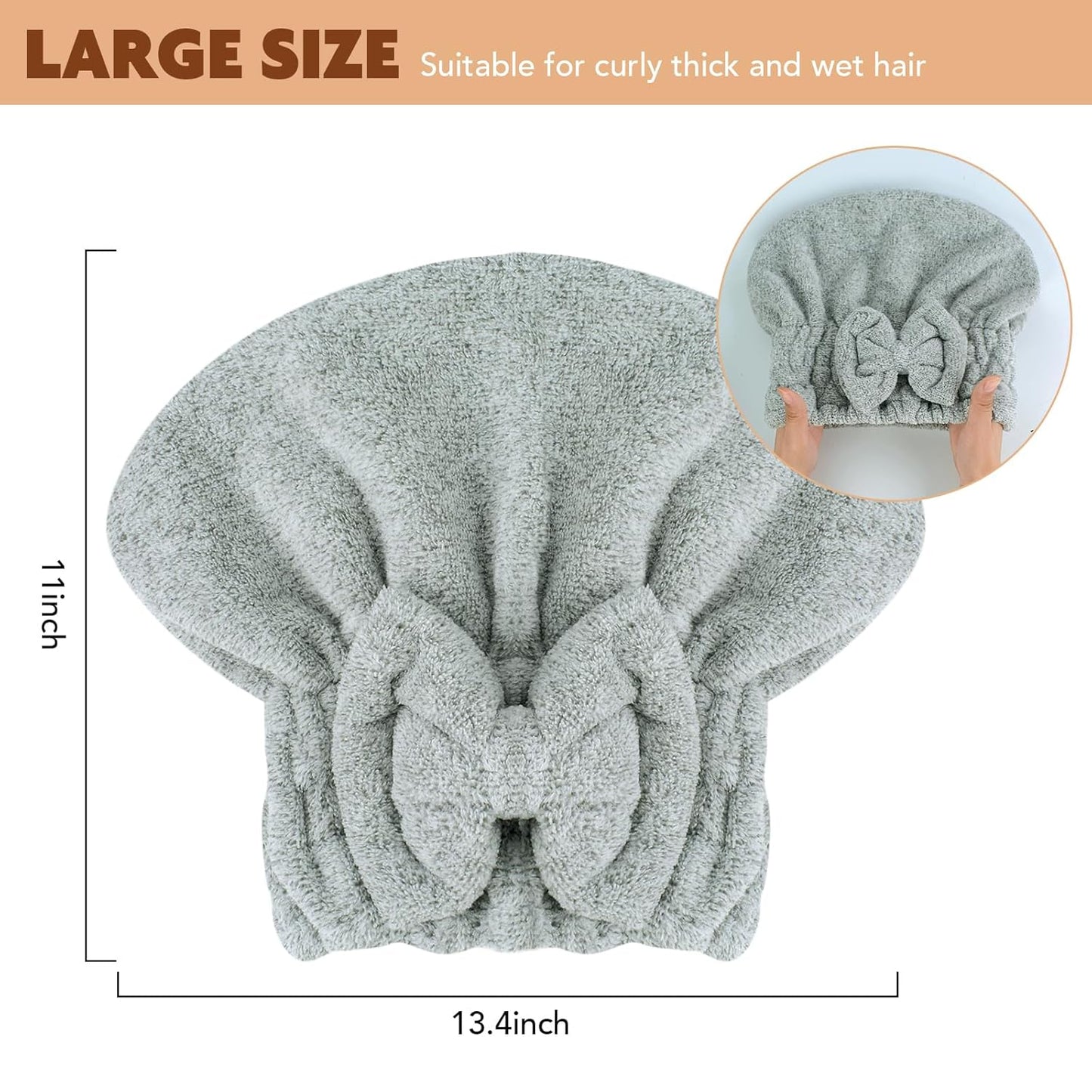 SUNLAND Large Microfiber Hair Drying Caps with Bow knot Fast Drying Shower Cap Soft and Absorbent hairWrap Hair Turban Bath Caps for Curly Thick and wet Hair 11 X 13.4 inch 2 Pack Green