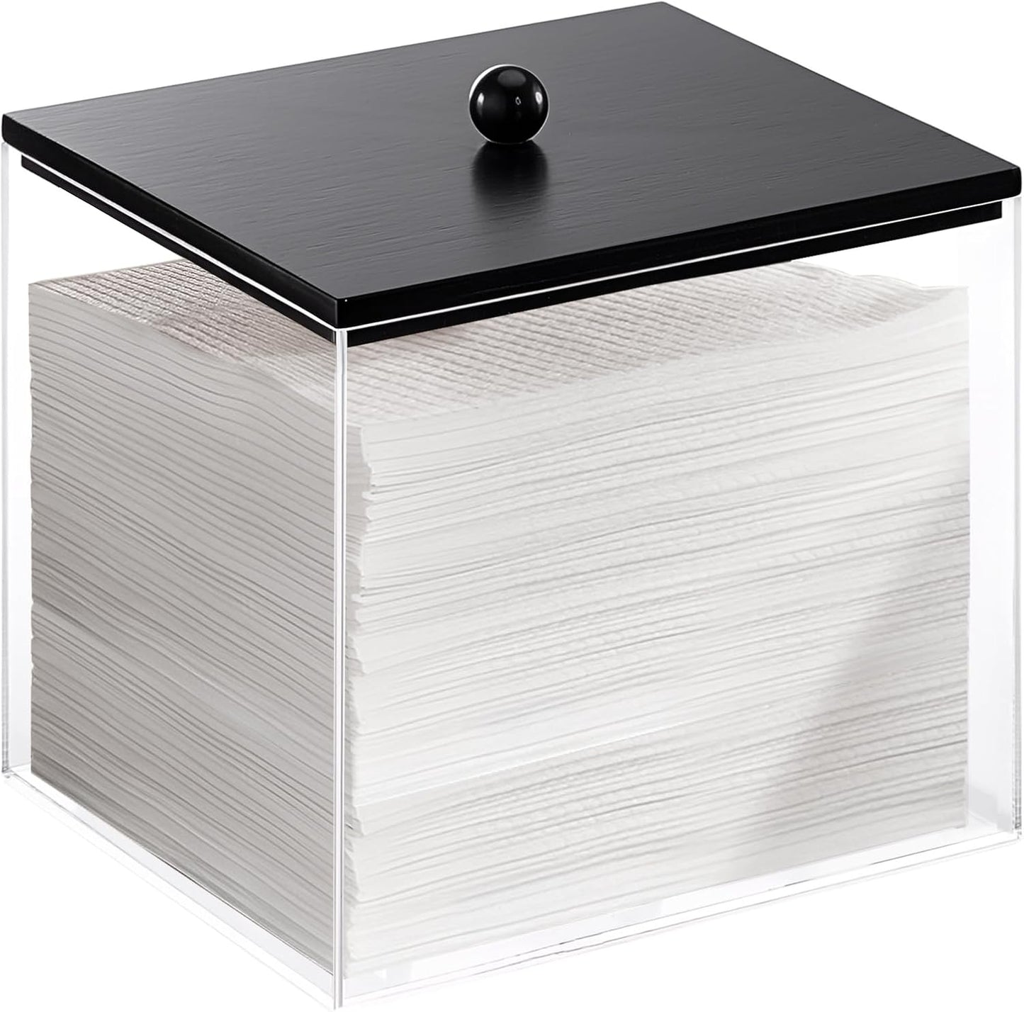 Puricon Acrylic Disposable Facial Towels Holder, Clear Storage Bin with Wood Lid Compatible with Clean Skin Club Towel (NOT Included), Face Towelettes Container for Bathroom Counter -Black