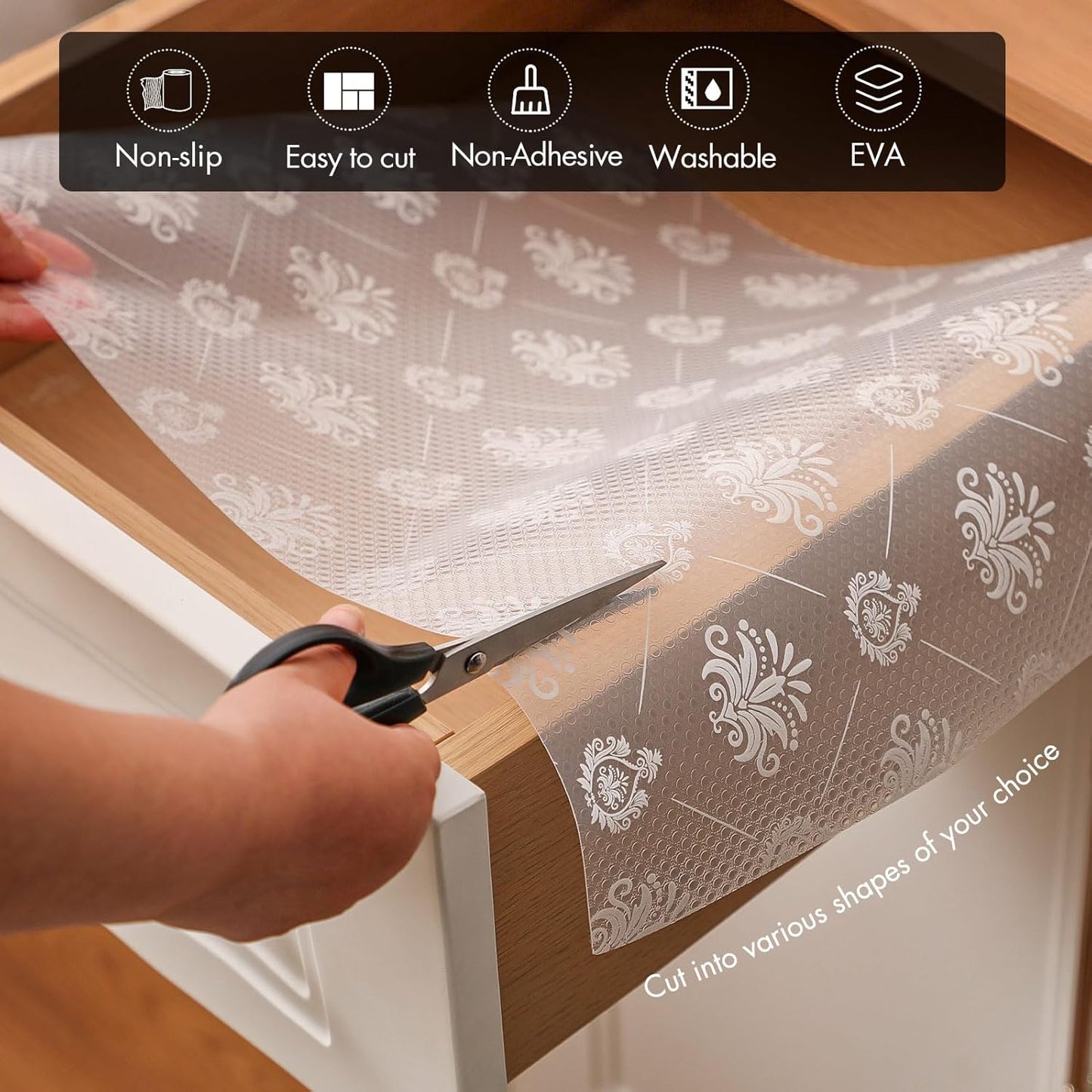 Cooyes Shelf and Drawer Liners for Kitchen Cabinets, Non-Adhesive Cabinet Liners, EVA Waterproof Durable Shelf Paper for Refrigerator, Shelves, Cupboard with European Pattern, Easy to Cut