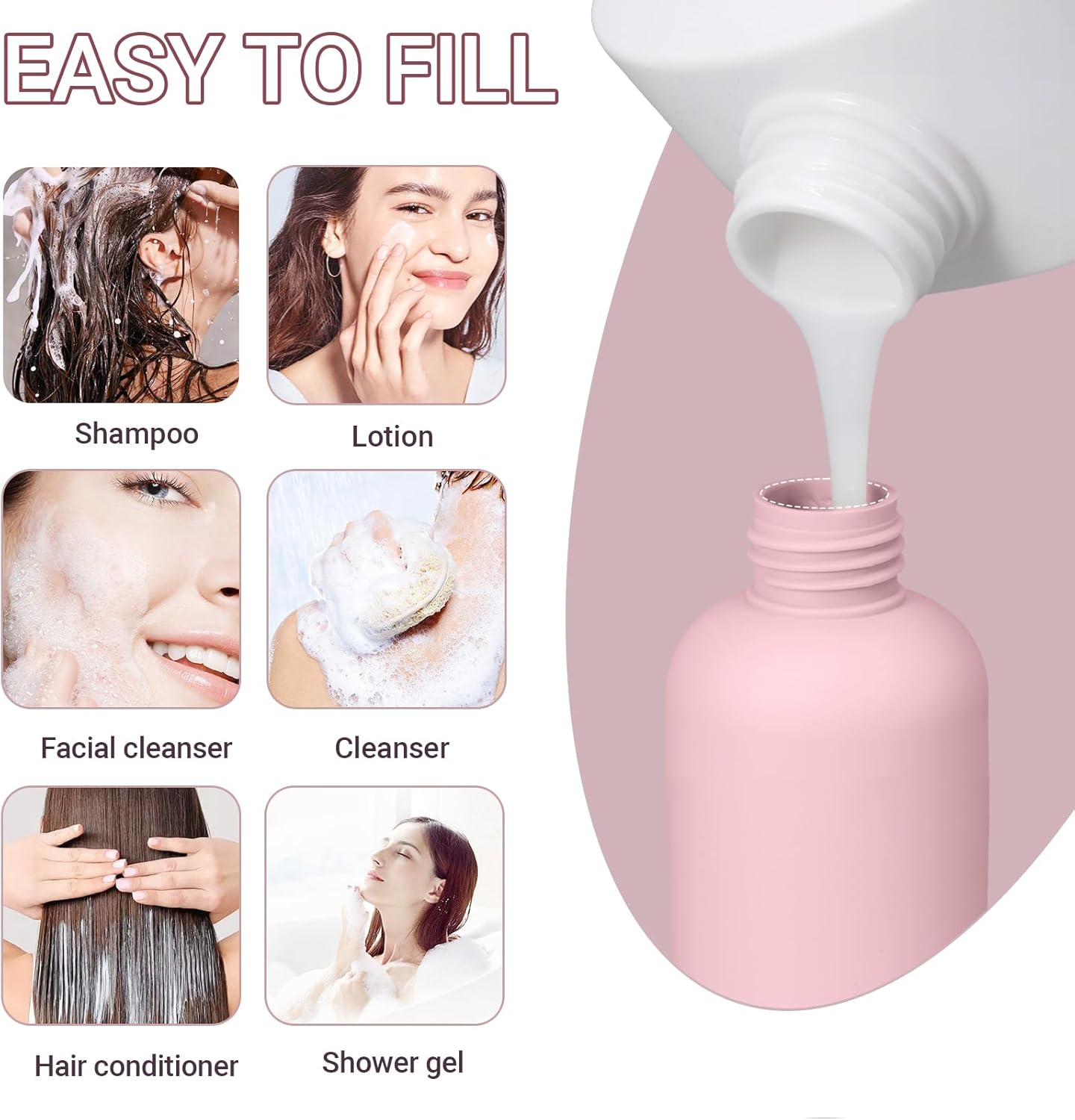 6.8oz Travel Bottles for Toiletries, Empty Plastic Squeeze Bottles with Flip Cap, Lotion Container for Toiletries Travel Size Shampoo and Conditioner (3 pack, pink)