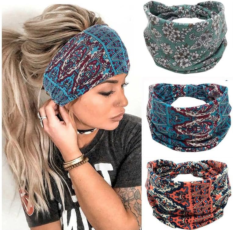 K-Elewon 3 Pack Women Wide Elastic Head Wrap Headband Sports yoga Hair Band