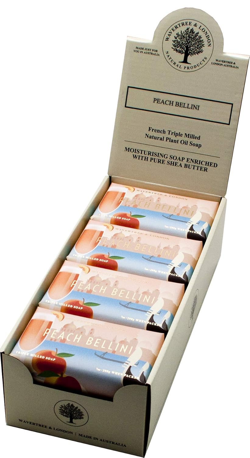 Wavertree & London Peach Bellini Scented Natural Soap (8 Bars), 7oz Moisturizing French Triple Milled Soap Bars enriched with shea butter - Pure Plant Oil Bath & Body Bars for All Skin Types