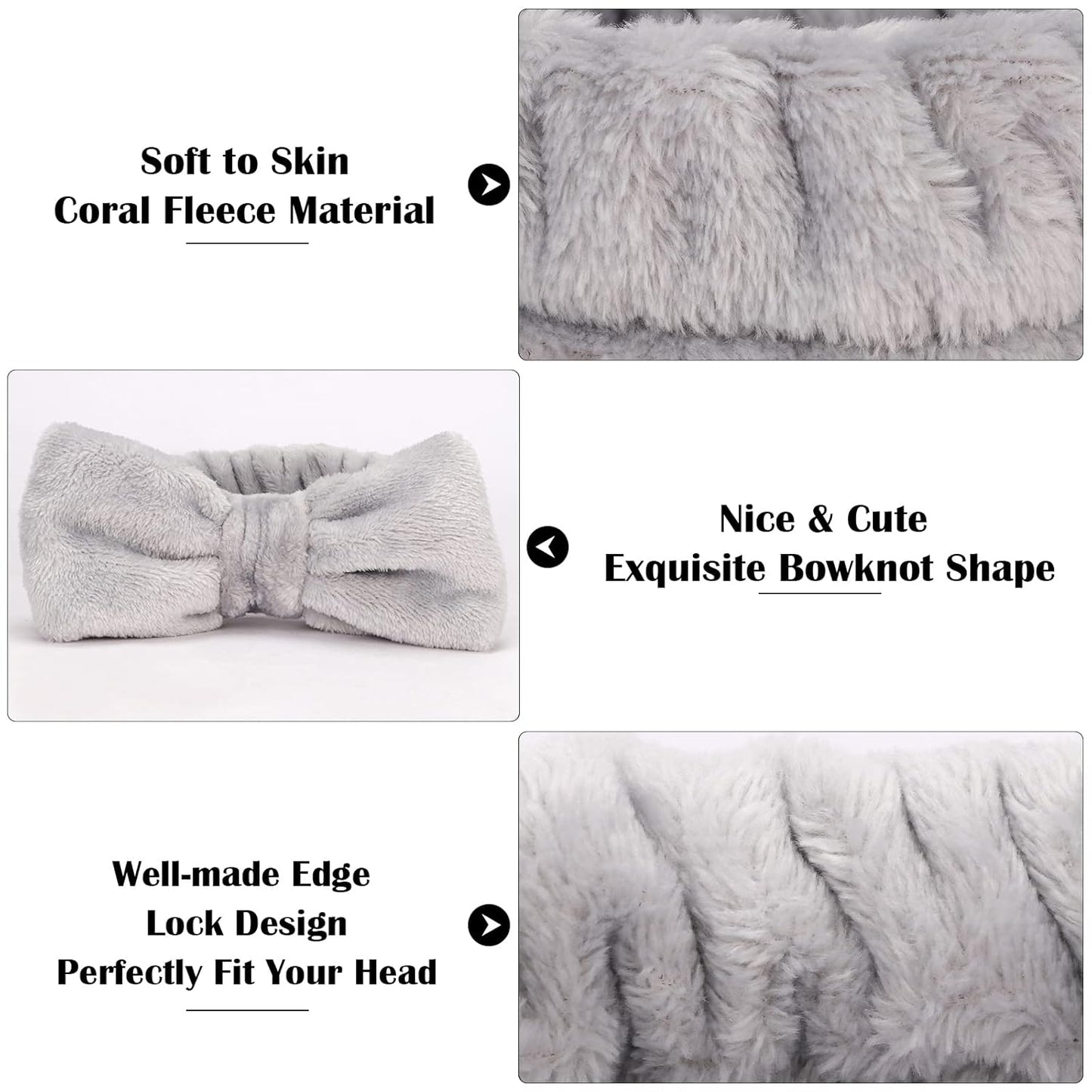 Ondder Spa Headband for Washing Face 8 Pack Gray Skincare Headbands for Women Girls Terry Cloth Cute Bow Head Bands