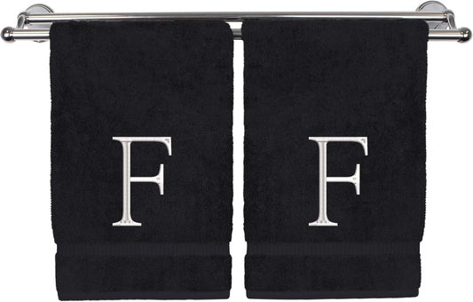Monogrammed Hand Towel, Personalized Initial Gift, Extra Absorbent 100% Turkish Cotton - Soft Terry Finish - Set of 2 - White Block Initial F - Embroidered on Black Towels