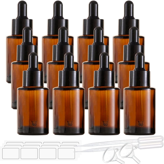 12 Pack 1 oz Amber Glass Dropper Bottle Essential Oils Bottle with Glass Eye Droppers,for Serum Essence Oil,Perfumes,Liquids (Amber, 1oz)