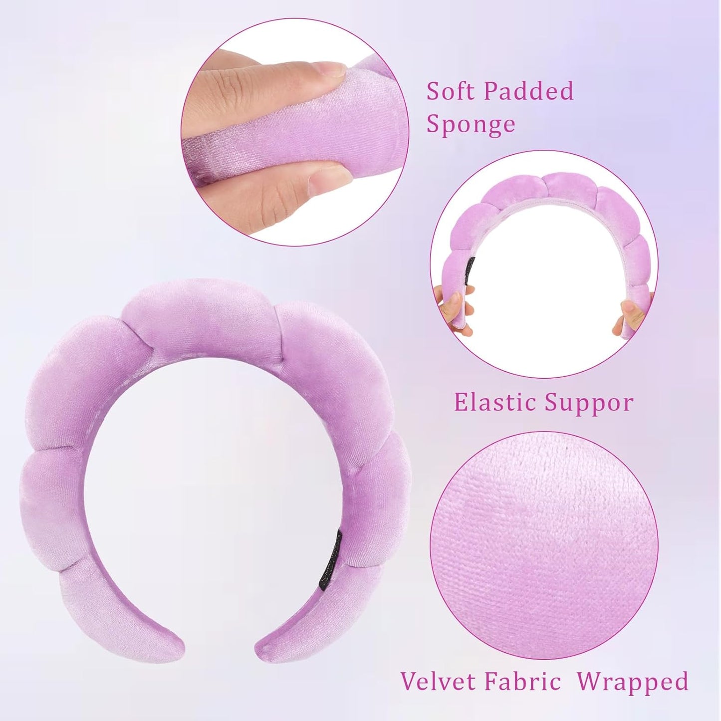 CAVETEE Spa Headband for Washing Face, Sink Care Headband for Women Sponge Bubble Makeup Head band for Women, Soft Velour Hair Accessoriesfor Girls (Purple, one size)