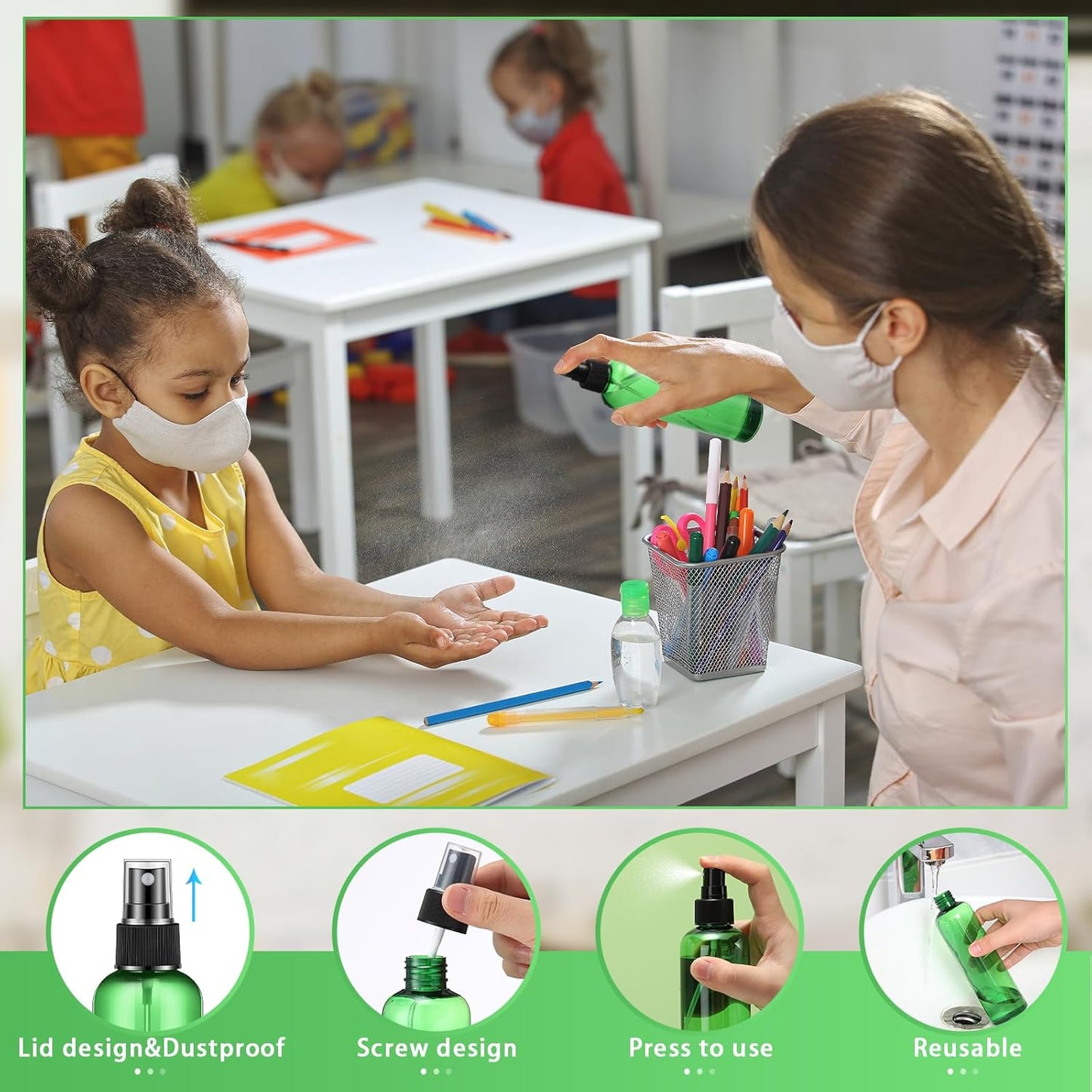 Eccliy 32 Pcs 8 oz Spray Bottles Fine Mist Cleaning Bottles Clear Empty Plastic Travel Sprayer Refillable Sprayer with Cap for Cleaning Solutions Oils Travel Perfumes(Green,Clear)