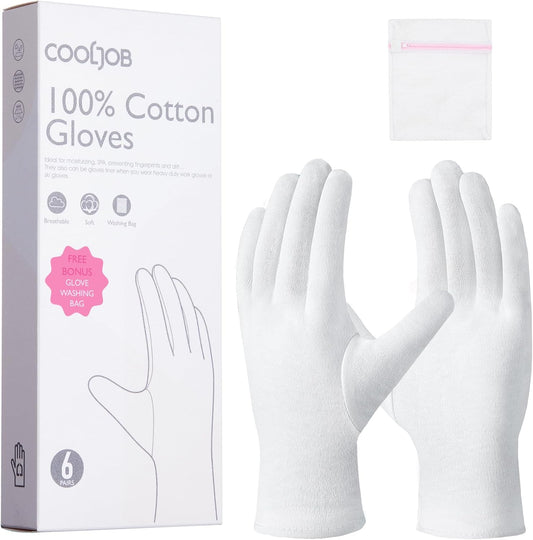 COOLJOB 100% Cotton Gloves, 6 Pairs White Cotton Gloves for Dry Hands Moisturizing & Eczema, Overnight Lotion, Sleep & Spa Treatment for Women & Men, Breathable Work Glove Liners, Large Size