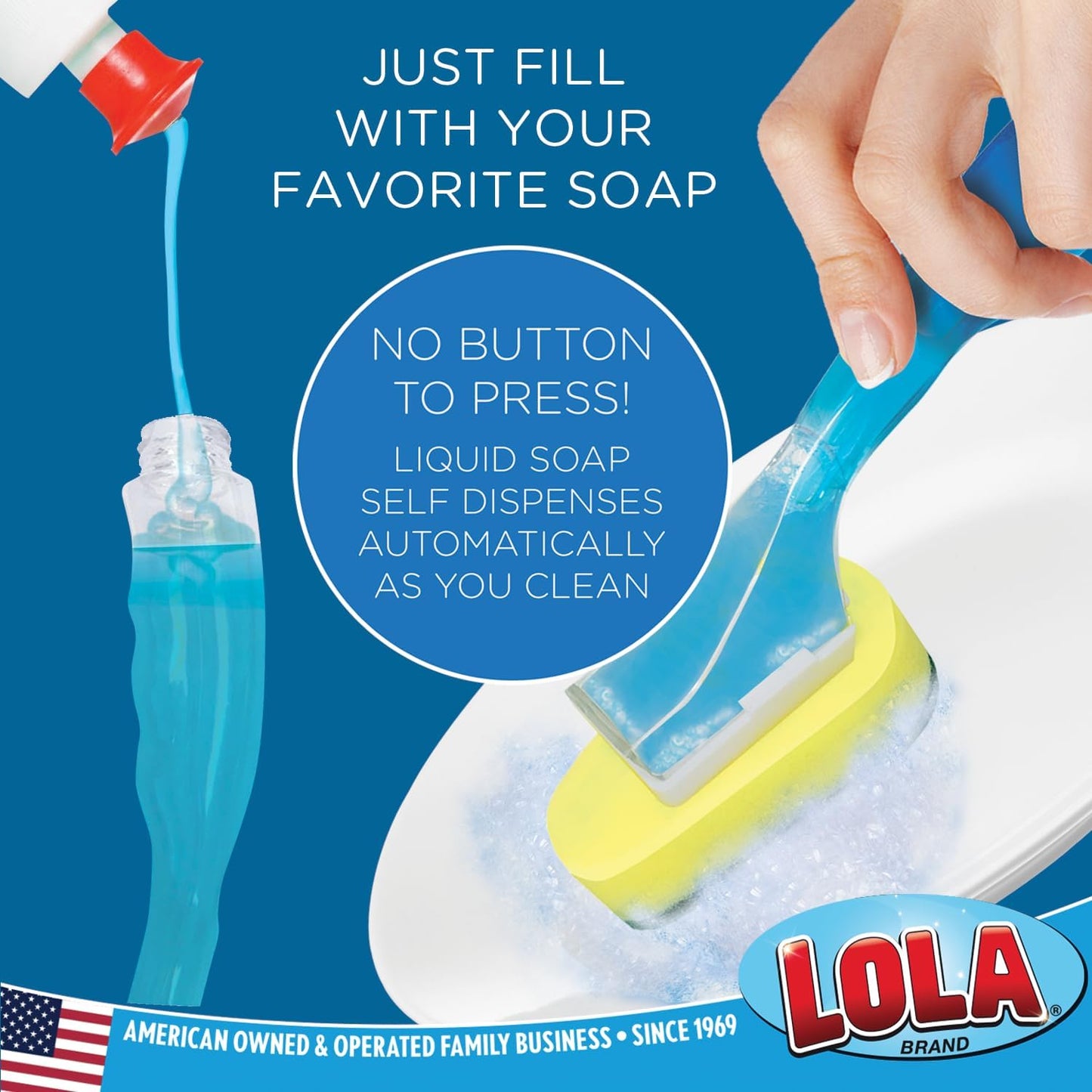 LOLA Soap Dispenser Dish Brush Wand, Absorbent Sponge Scrubber, No Leaking. Clean Dishes, Sinks and Cookware, 1 Brush w/Head