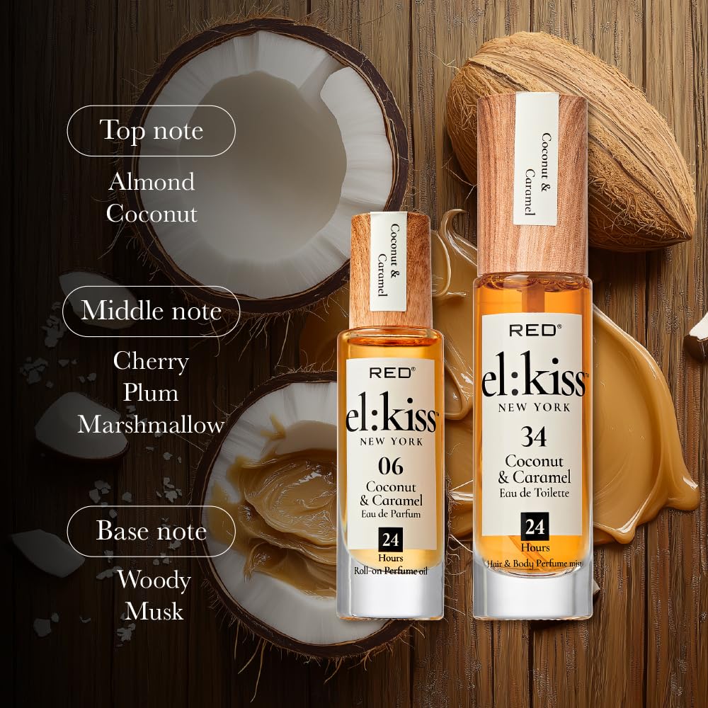 EL:KISS Hair Perfume & Body Mist, Coconut & Caramel Eau de Toilette 30mL (1.01 Fl Oz), Hydrating & Long-Lasting, Alcohol-Free & Mineral Oil-Free, Infused with Jojoba, Argan Oil & Aloe Vera