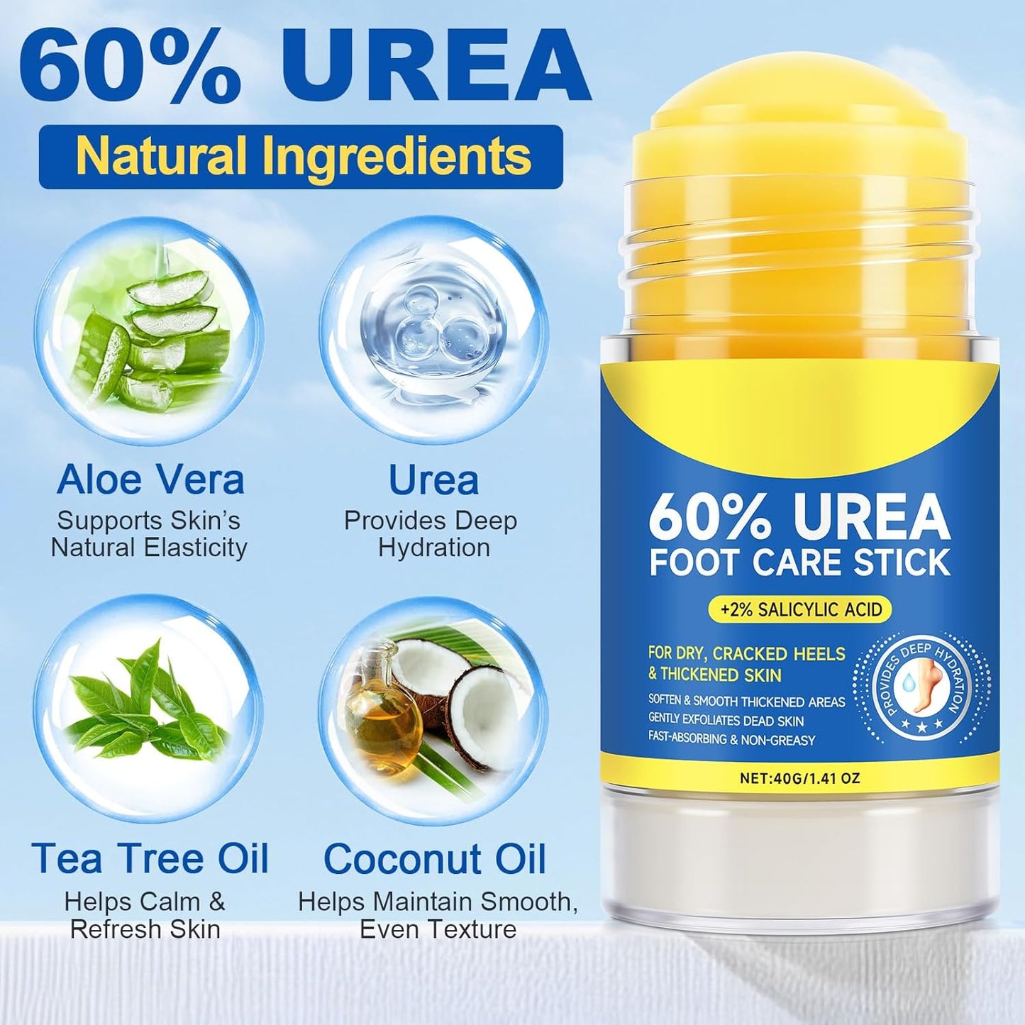 Urea Foot Cream with Salicylic Acid – Heel Stick for Cracked Feet, Repairs Dry Rough Heels Fast, Intensive Moisturizer for Dead Skin, Hydrating Heel Balm with Urea for Smooth -Looking Feet