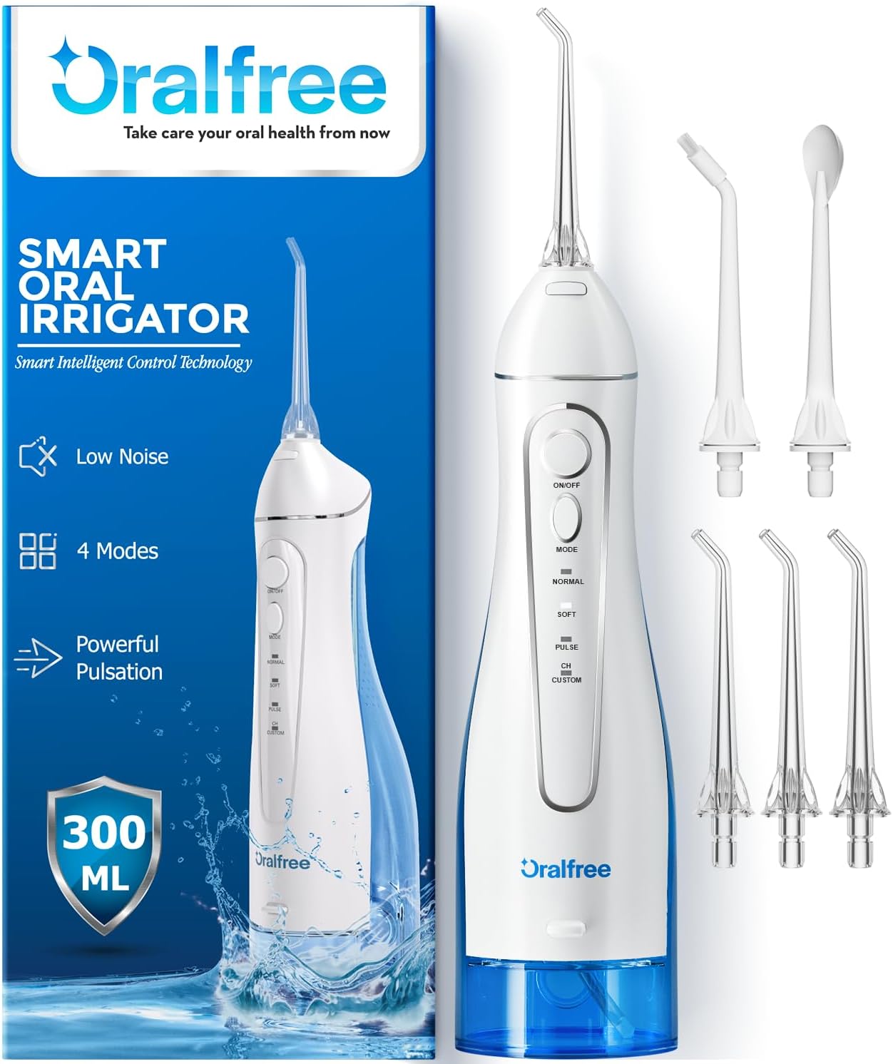 Oralfree Water Dental Flosser Cordless for Teeth Cleaning - 4 Modes Oral Irrigator 300ML Braces Flossers Cleaner, Rechargeable Portable IPX7 Waterproof Powerful Battery for Travel Home