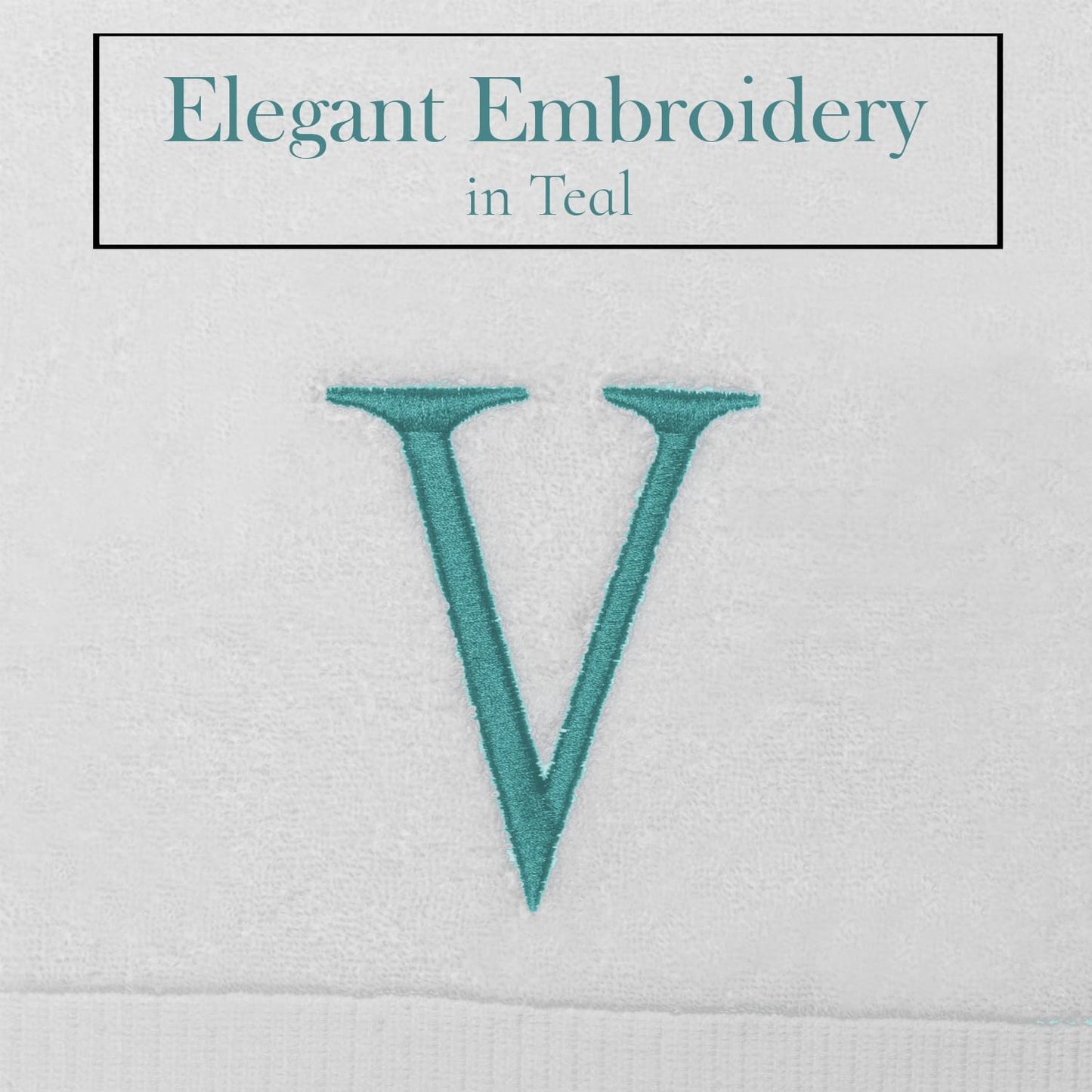 Teal Initial Hand Towel for Bathroom - Monogrammed Luxury Hotel Quality Decorative Embroidered Towel for Powder Room, Spa - GOTS Organic Certified - Pack of 2, Letter V