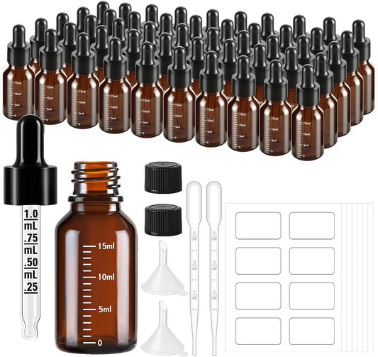 50 Pcs 1/2oz Amber Glass Dropper Bottles with Measurement, 15ml Leakproof Tincture Bottles with Funnels, Eye Droppers, Extra Caps & Labels, Refillable Empty Bottle for Tinctures, Essential Oils