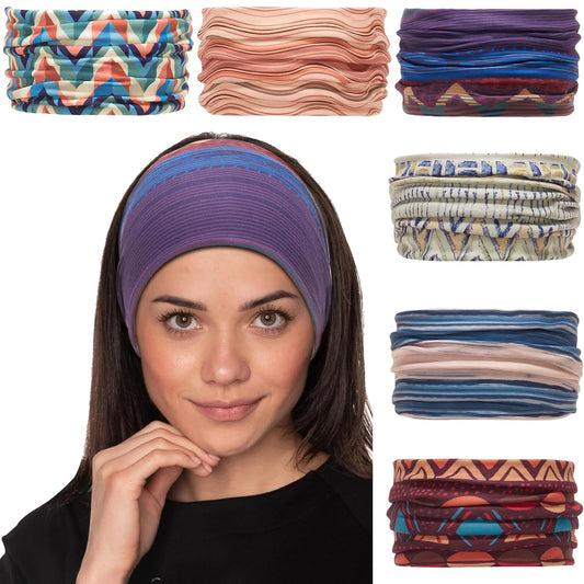 Cobahom 6Pcs Wide Headbands for Women Non Slip Soft Fabric Hair Wrap Boho Head Bands Elastic Sport Hair Bands for Workout Yoga Running (Geometric Elements)