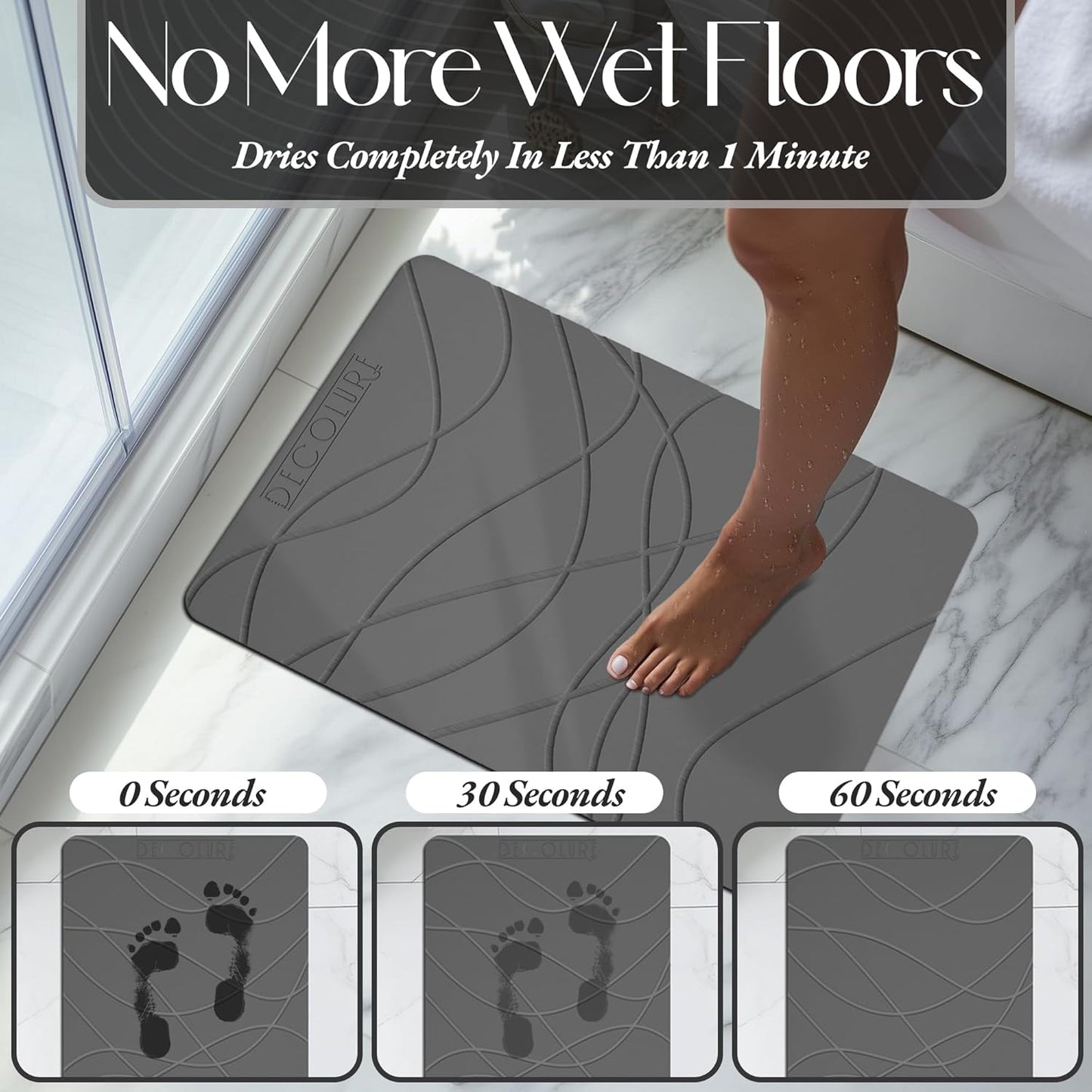 DECOLURE Stone Bath Mat, Quick Dry & Non-Slip Diatomaceous Earth Shower Mat for Bathroom, Luxurious & Easy to Clean Diatomite Stone Mat for Bathroom, Kitchen, High Density (Standard, Grey)