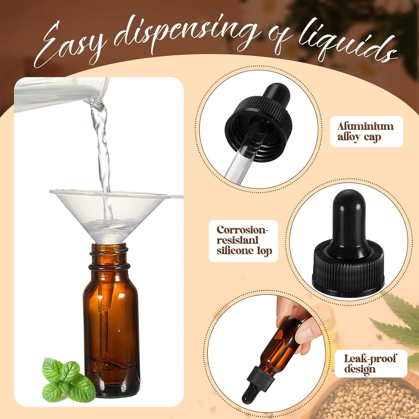 Lallisa 100 Pack Essential Oil Dropper Bottle 15 ml (1/2 oz) Glass Dropper Bottles DIY for DIY Essential Oil Perfume with 5 Funnels 5 Pipettes 3ml 100 Labels for Bathrooms, Hotels, Labs (Amber)