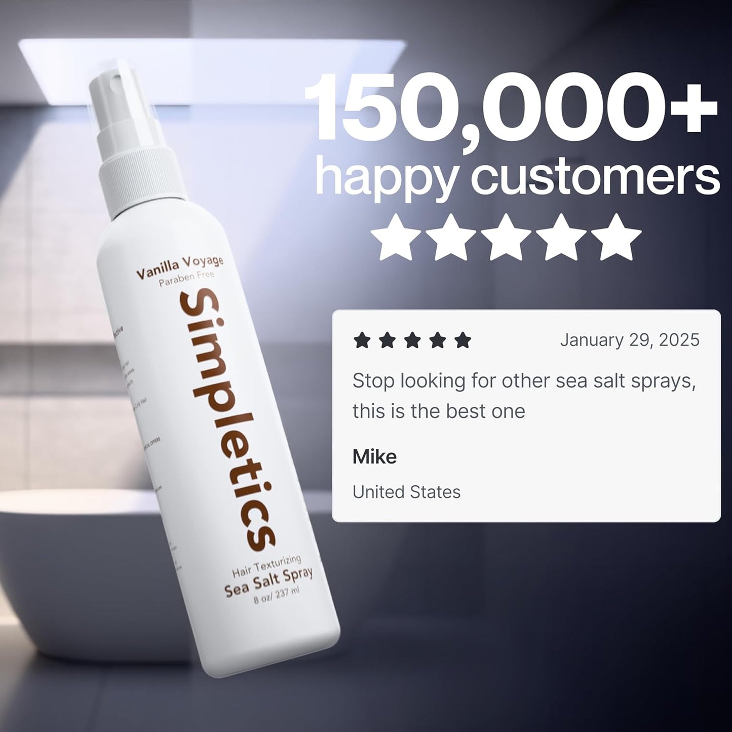 Simpletics Himalayan Sea Salt Hair Spray (Pine Scent) – Natural 5-Ingredient Formula for Beach Waves & Volume – Light Hold, Non-Greasy, Paraben & Sulfate Free – Unisex 8 fl oz