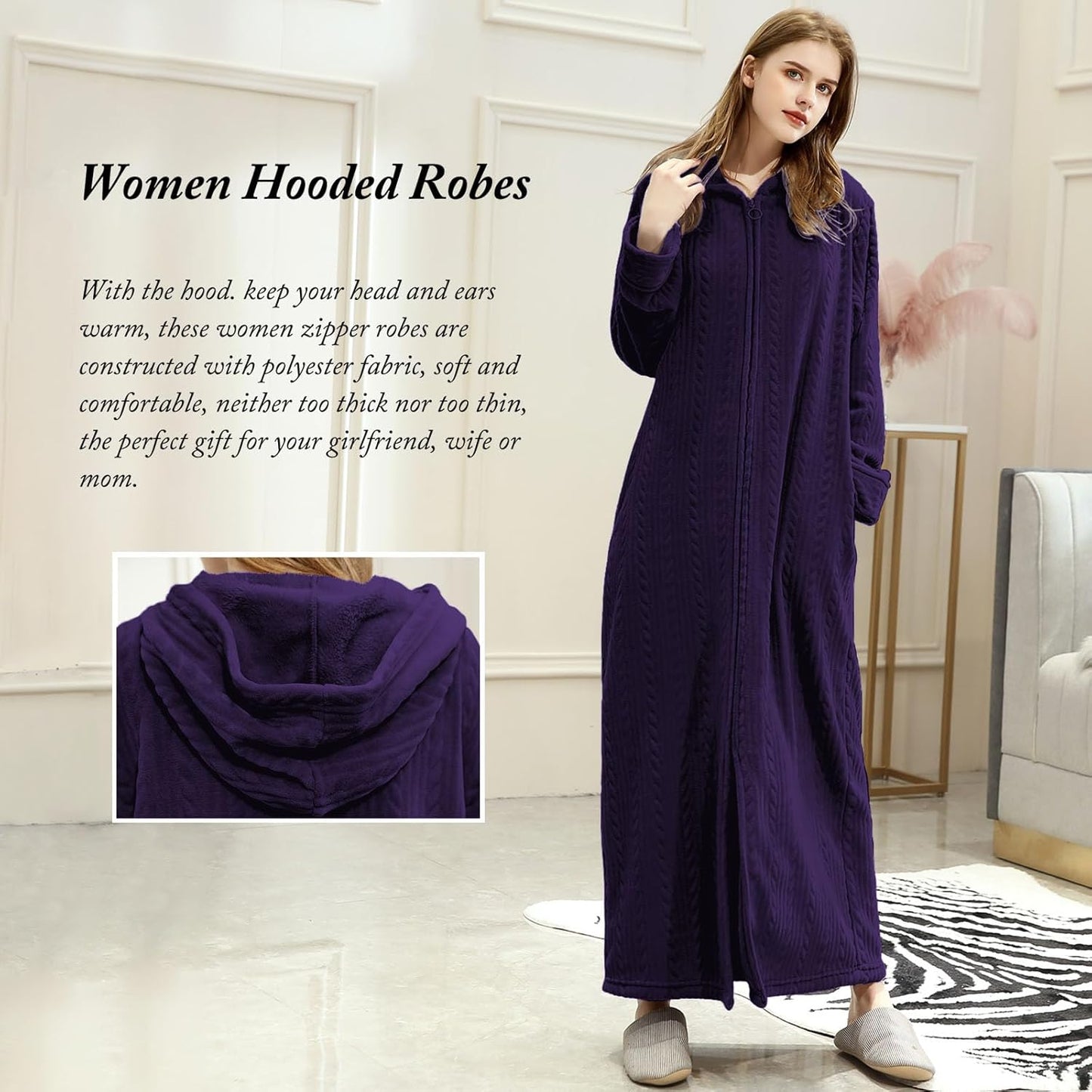 Hellomamma Long Hooded Zipper Bathrobe for Womens Flannel Fleece Robes Winter Warm Housecoat Nightgown Sleepwear Pajamas