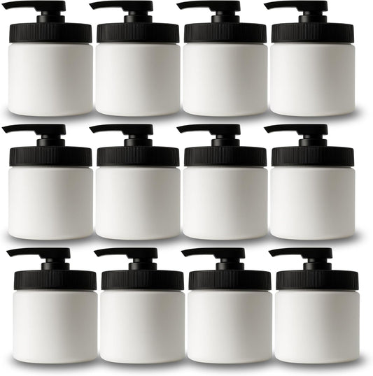 Royal Massage 16oz Refillable Pump Jar with Locking Dip Tube Dispenser – BPA-Free Plastic Container for Massage Oils, Lotions, Creams – Ribbed Lid Wide-Mouth Jar – Durable & Reusable (12, Black/White)