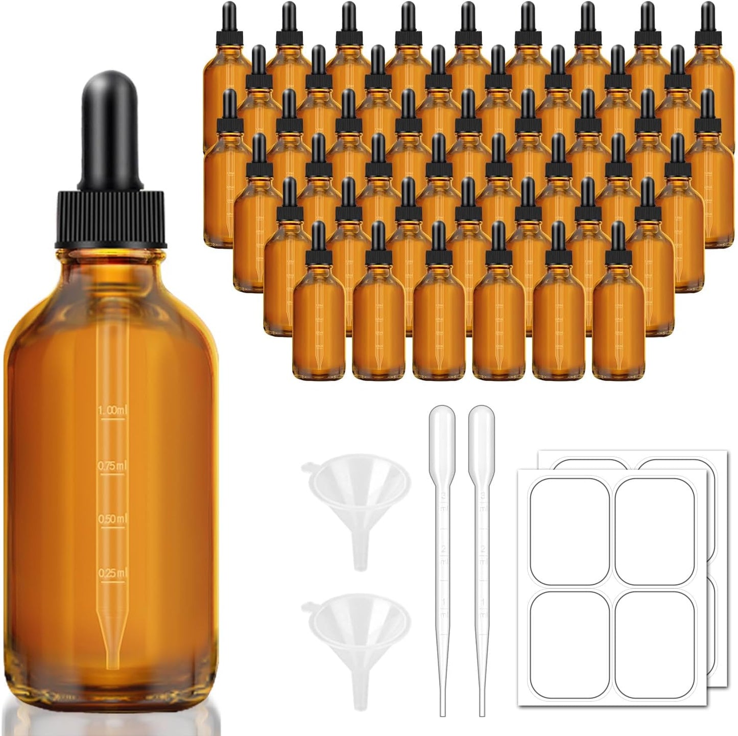 Bumobum 4 oz Dark Amber Dropper Bottles with Measured Dropper, 48 Pack Glass Eye Dropper Bottle for Essential Oils with Funnel, Labels & Pipette, Tincture Bottle (Unbreakable Plastic Eye Dropperz)