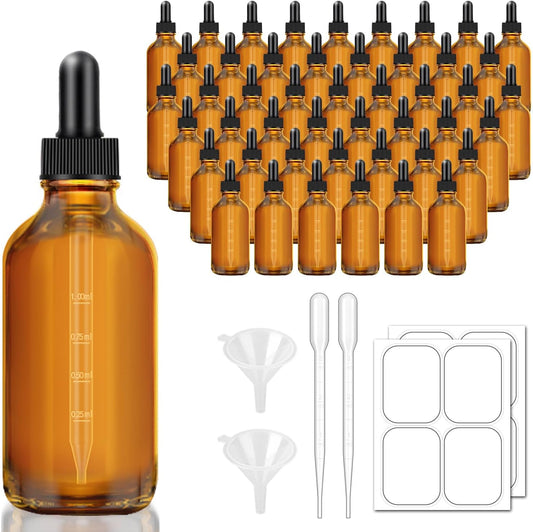Bumobum 4 oz Dark Amber Dropper Bottles with Measured Dropper, 48 Pack Glass Eye Dropper Bottle for Essential Oils with Funnel, Labels & Pipette, Tincture Bottle (Unbreakable Plastic Eye Dropperz)