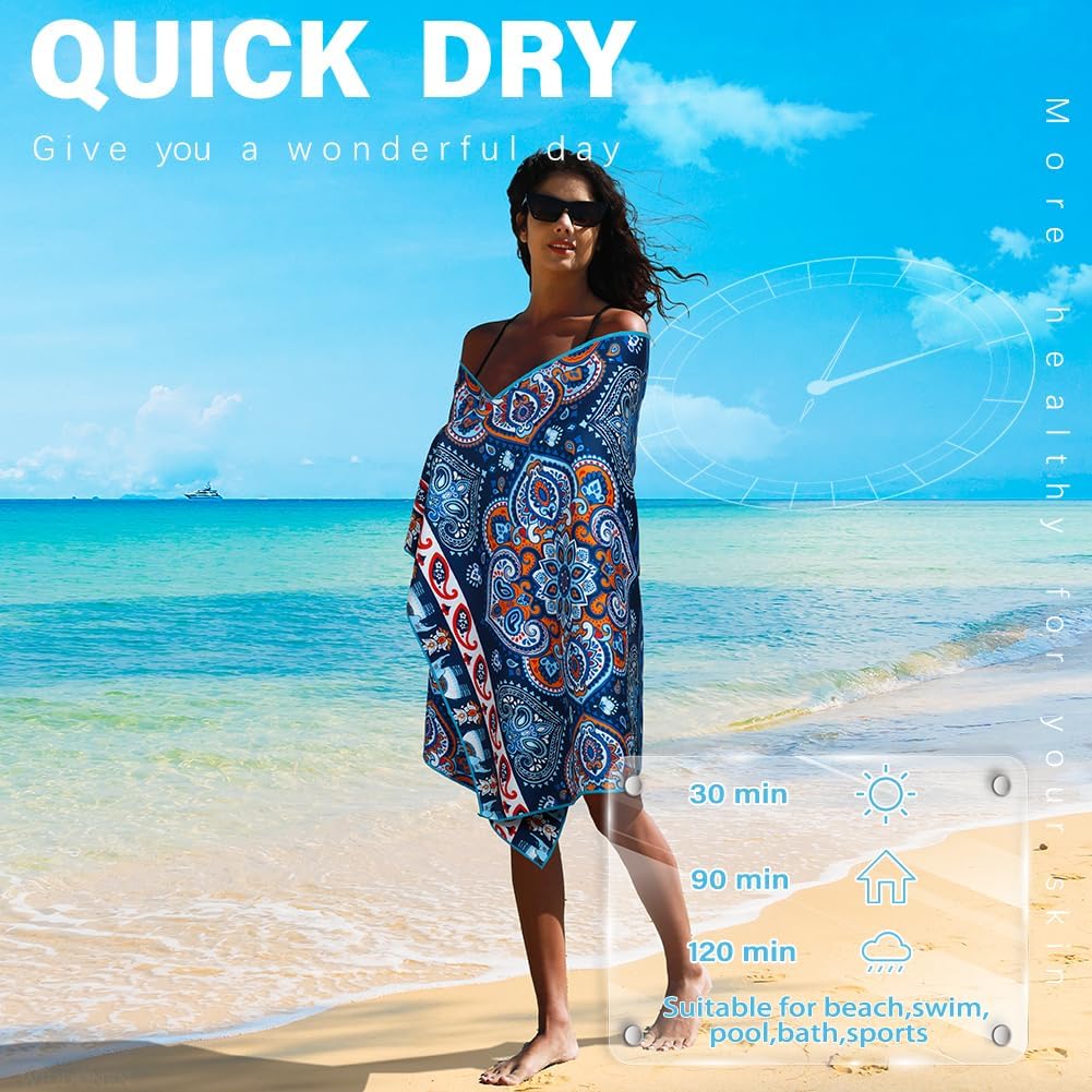 2 Pack Microfiber Lightweight Beach Towel Sand Free Quick Dry Absorbent Thin Compact Towels for Swimming Pool Camping Beach Accessories Large Easy Pack Travel Things for Vacation Essentials Gift