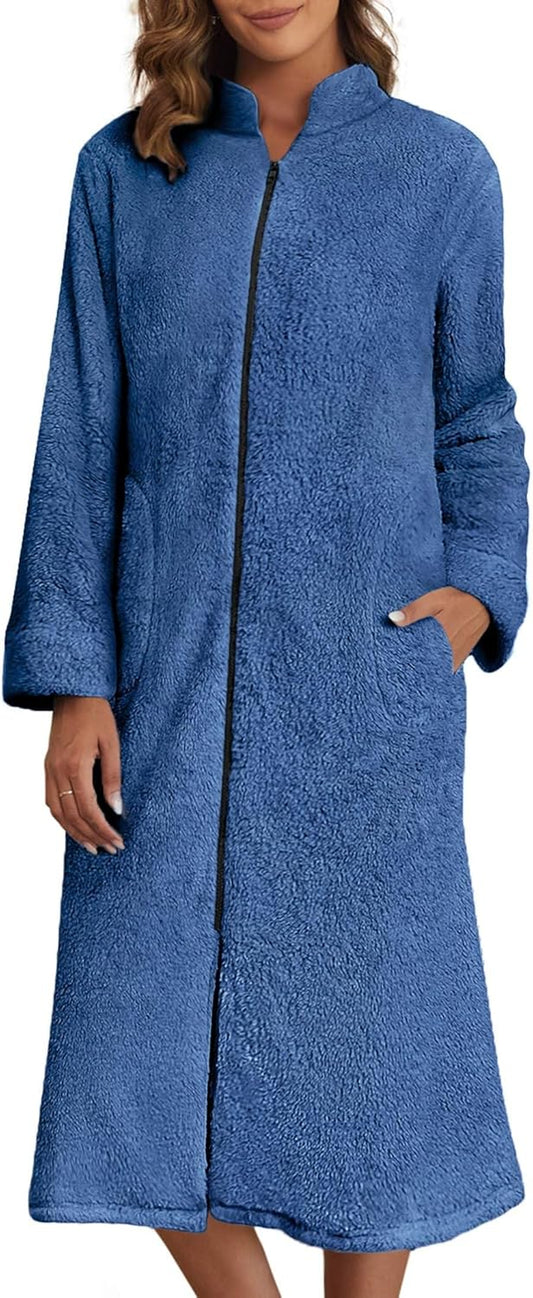 Ekouaer Women's Zip Up Robe Fleece Bathrobe Long Zipper Lounger Warm Housecoat Long Sleeve Nightgown with Pockets S-XXL