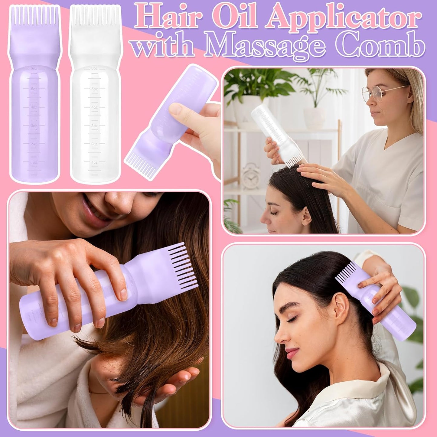 2 Pack Hair Oil Applicator Bottle for Scalp with Massage Comb,6 OZ Hair Oil Bottle with Root Comb for Scalp, Shampoo Scrubber Applicator,Hair Dye Tools(Purple, white)