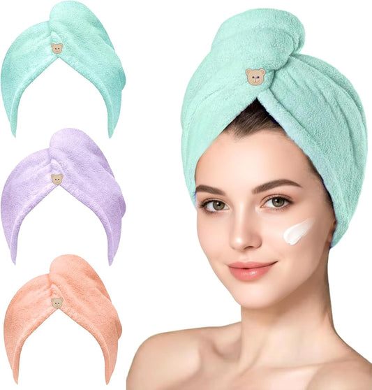 3 Pack Microfiber Hair Towel Wrap for Women, Fast Drying Hair Turban with Button, Anti-Frizz Large Hair Towel for All Hair Styles, Soft & Absorbent Hair Drying Towel