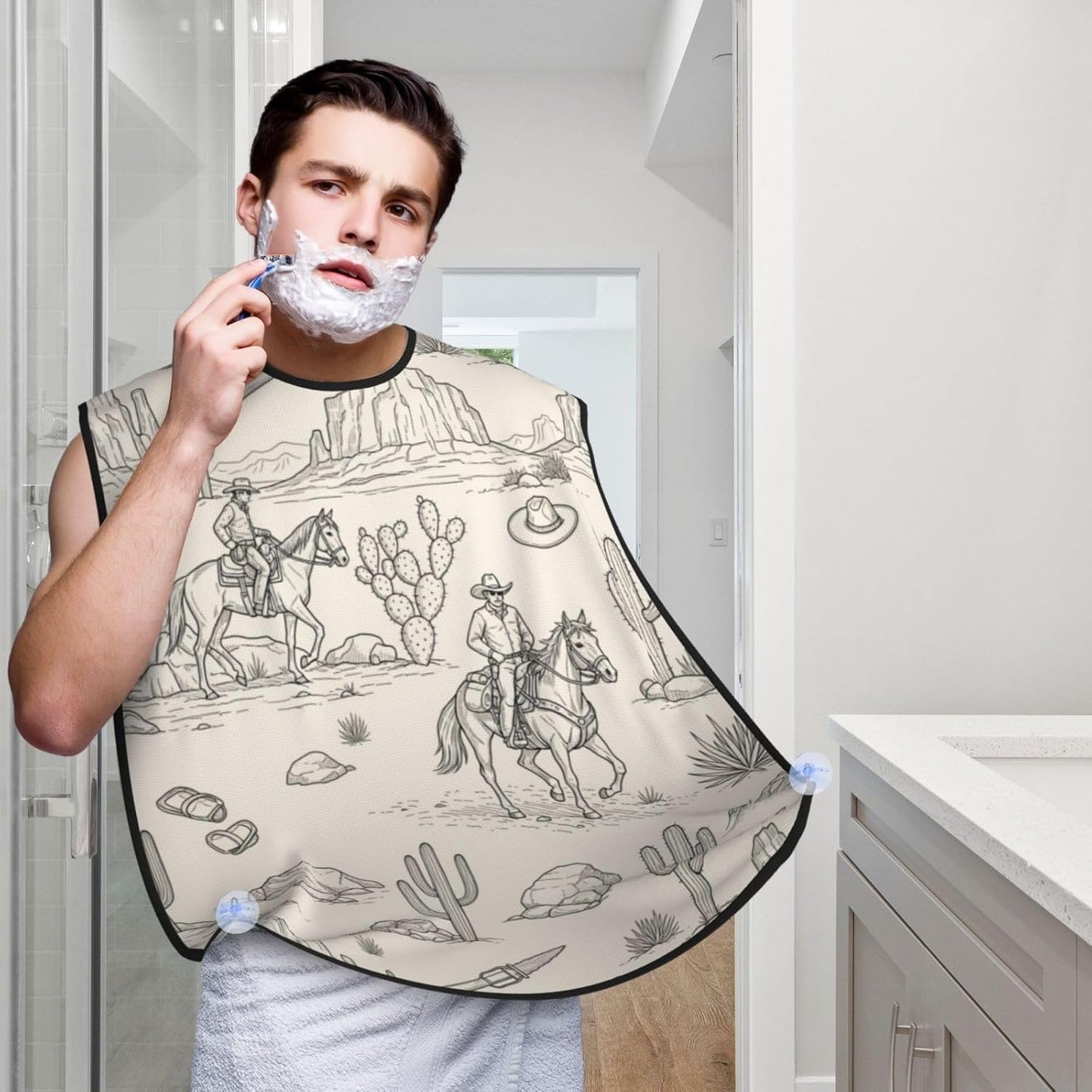 Non-Stick Beard Bib for Shaving, Western Desert Cowboy Riding Horses Shave Bib, Waterproof Hair Catcher with Suction Cups, Grooming Apron Men Husband