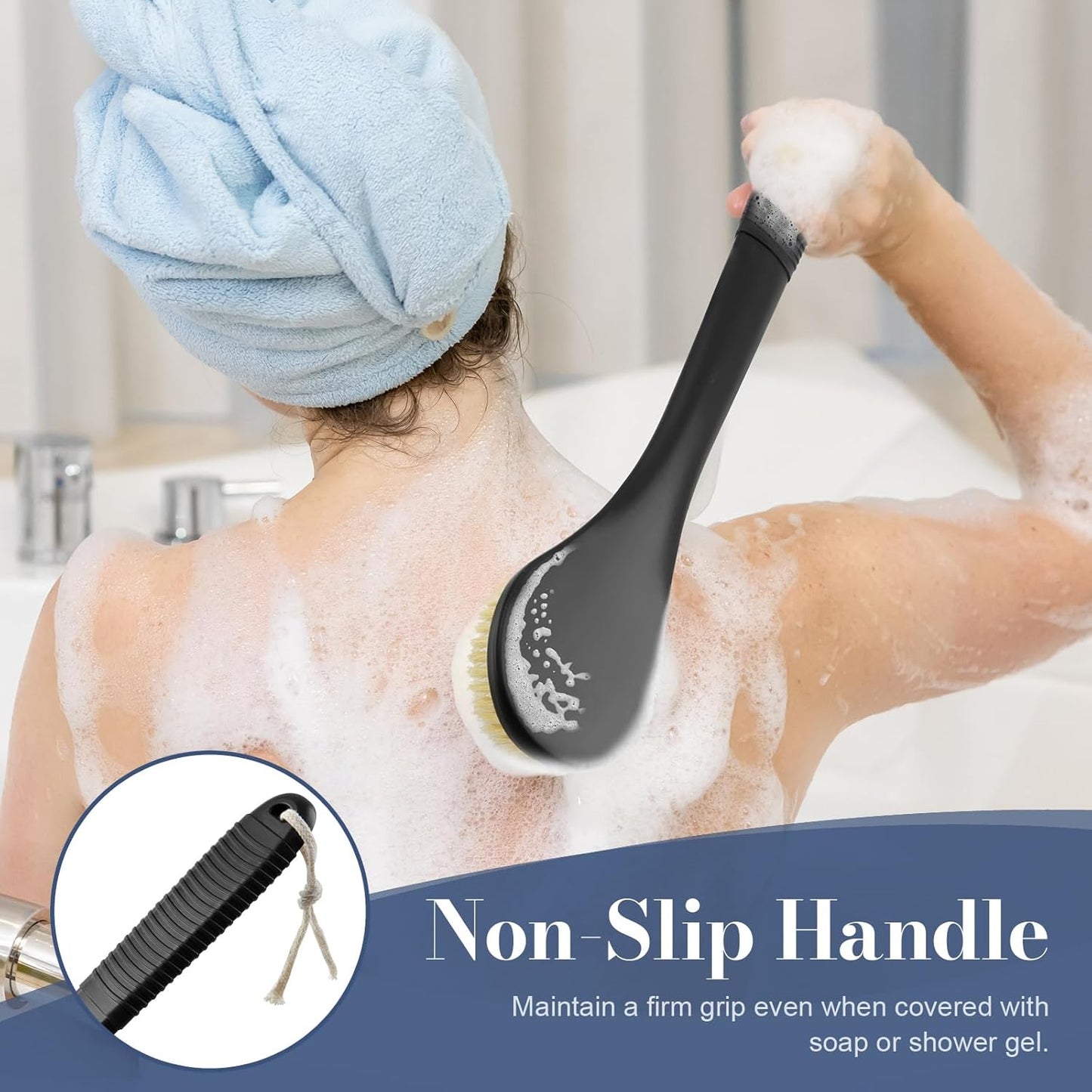 Back Scrubber for Shower, Shower Body Brush for Cleaning with Long Handle for Showering, 17 Inch Back Washer Exfoliator for Shower Men Women with Non-Slip Handle, Adhesive Hook (Black-Boar Bristles)